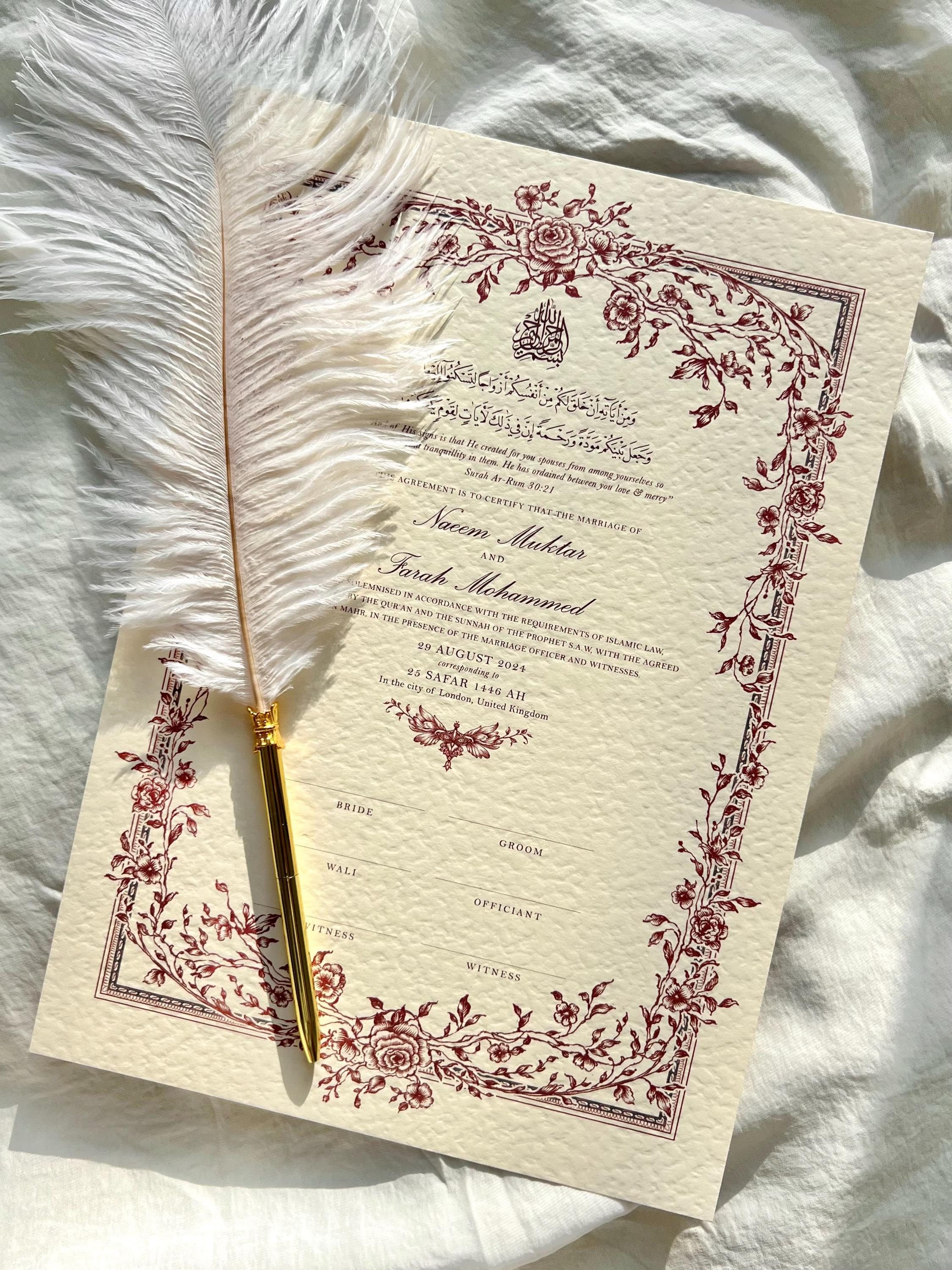 Floral Nikkah Certificate: Maroon Islamic Wedding Contract (A4/A3)