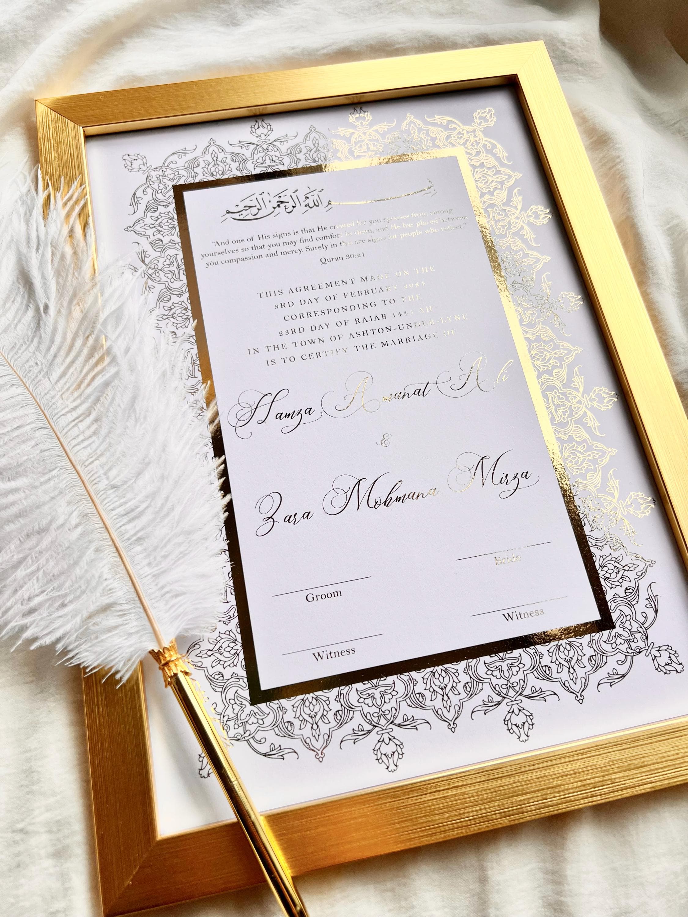 Gold Foiled A4/A3 Nikkah Certificate: Personalised Muslim Marriage Contract with Feather Pen