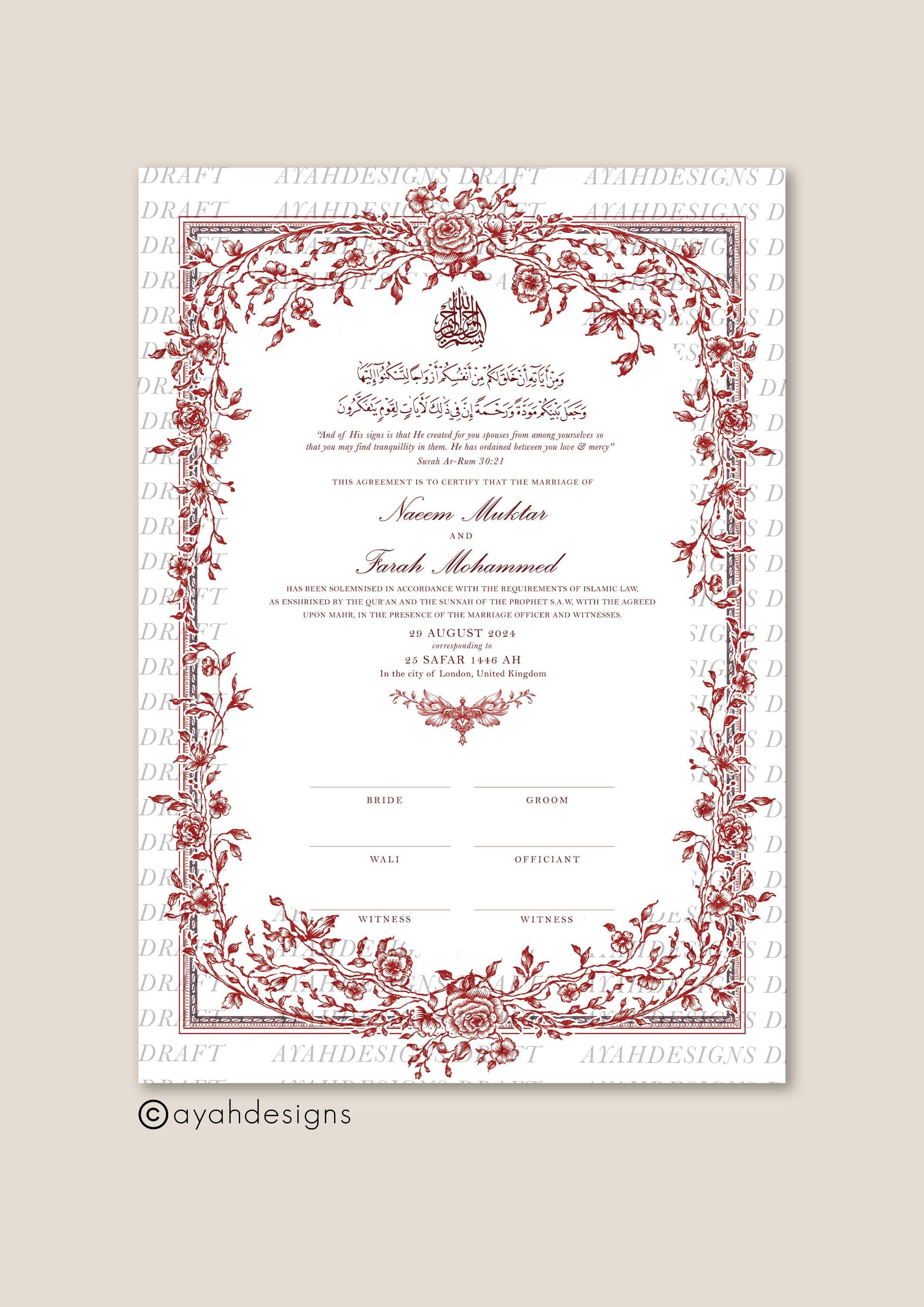 Luxury A4 Nikkah Certificate (Mahek Maroon), Islamic Wedding Contract, Nikkah Nama, Muslim Marriage Certificate, Personalised Names, Gold