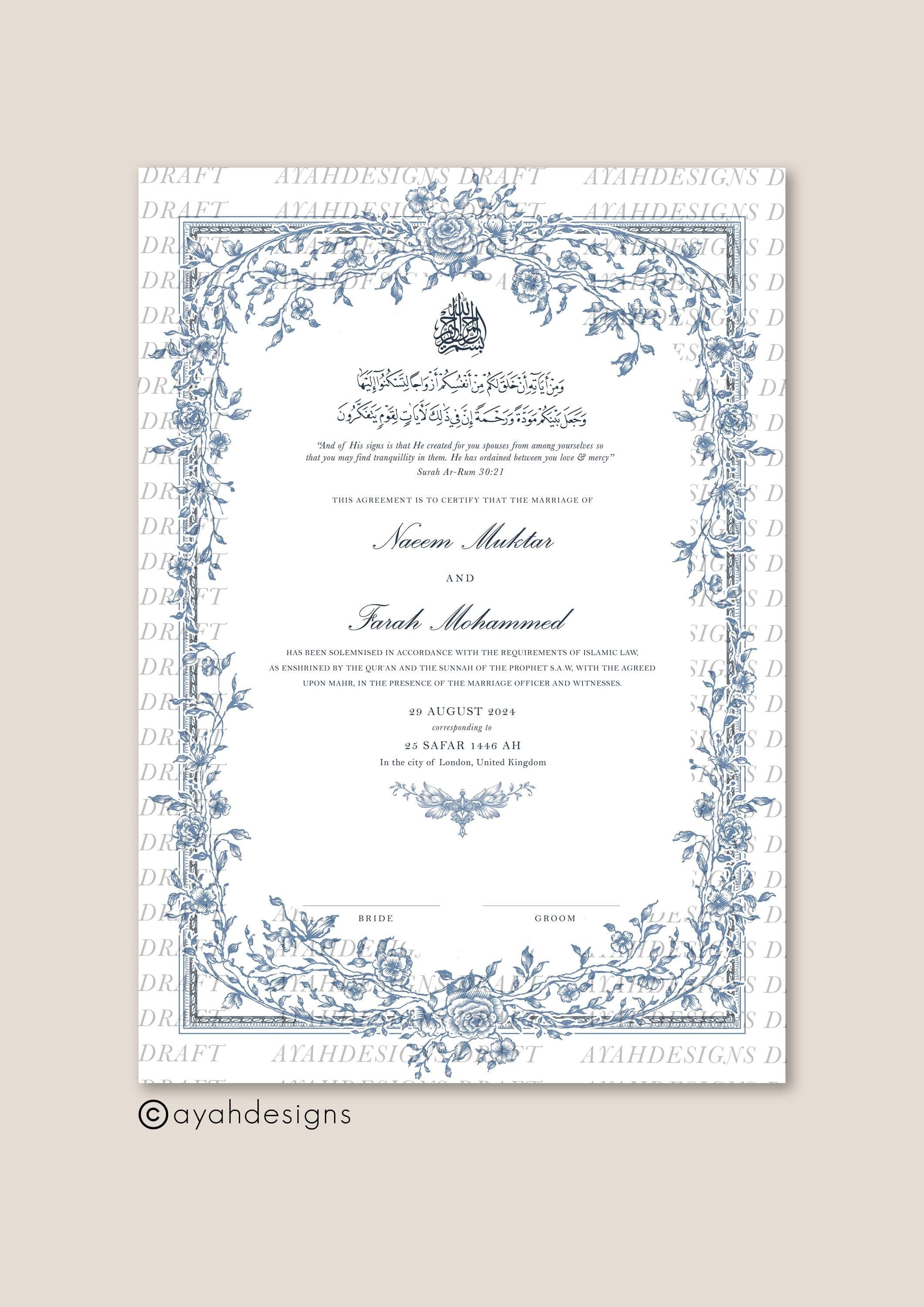 Luxury A4 Nikkah Certificate (Mahek Blue), Islamic Wedding Contract, Nikkah Nama, Muslim Marriage Certificate, Personalised Names, Gold