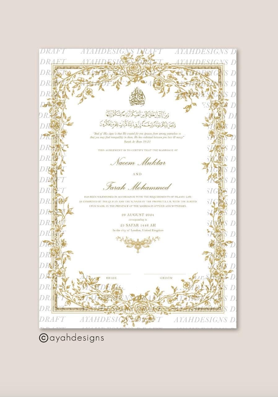 gold leaf nikkah certificate, purple nikkah name, burgundy nikkah contract, silver nikahnama, nikkah thumbprint, luxury nikkah certificate with frame, custom nikkah contract template, nikkah document fast delivery, A4 nikkah certificate with witness
