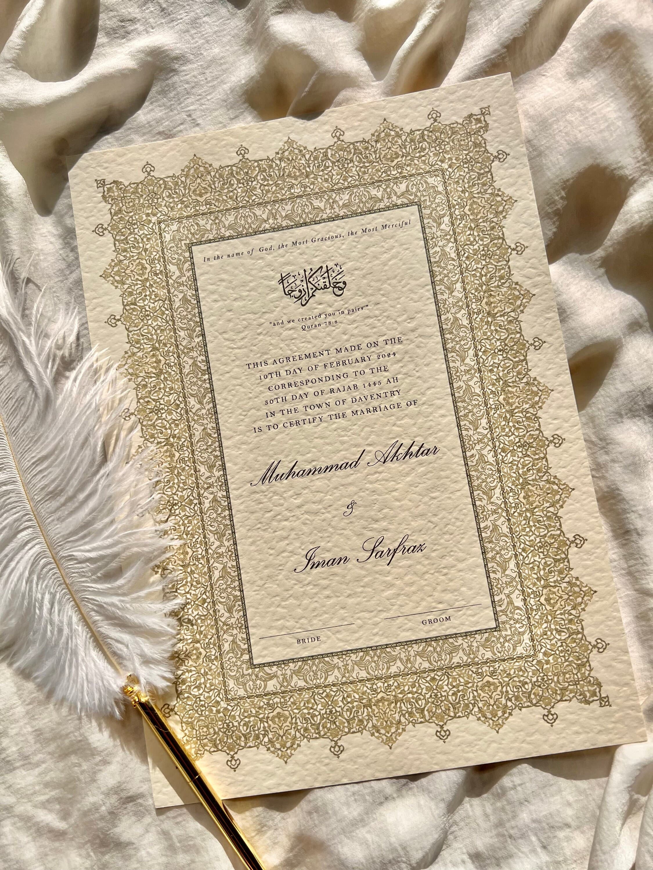 Luxury A4/A3 Gold Nikkah Certificate: Personalised Islamic Wedding Contract