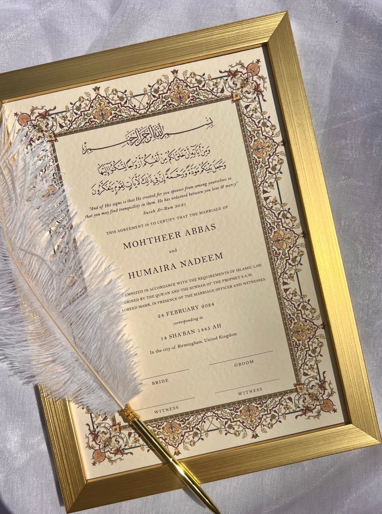 Luxury Nikkah Certificate: Gold Frame, Feather Pen, Islamic Wedding Contract (A4)