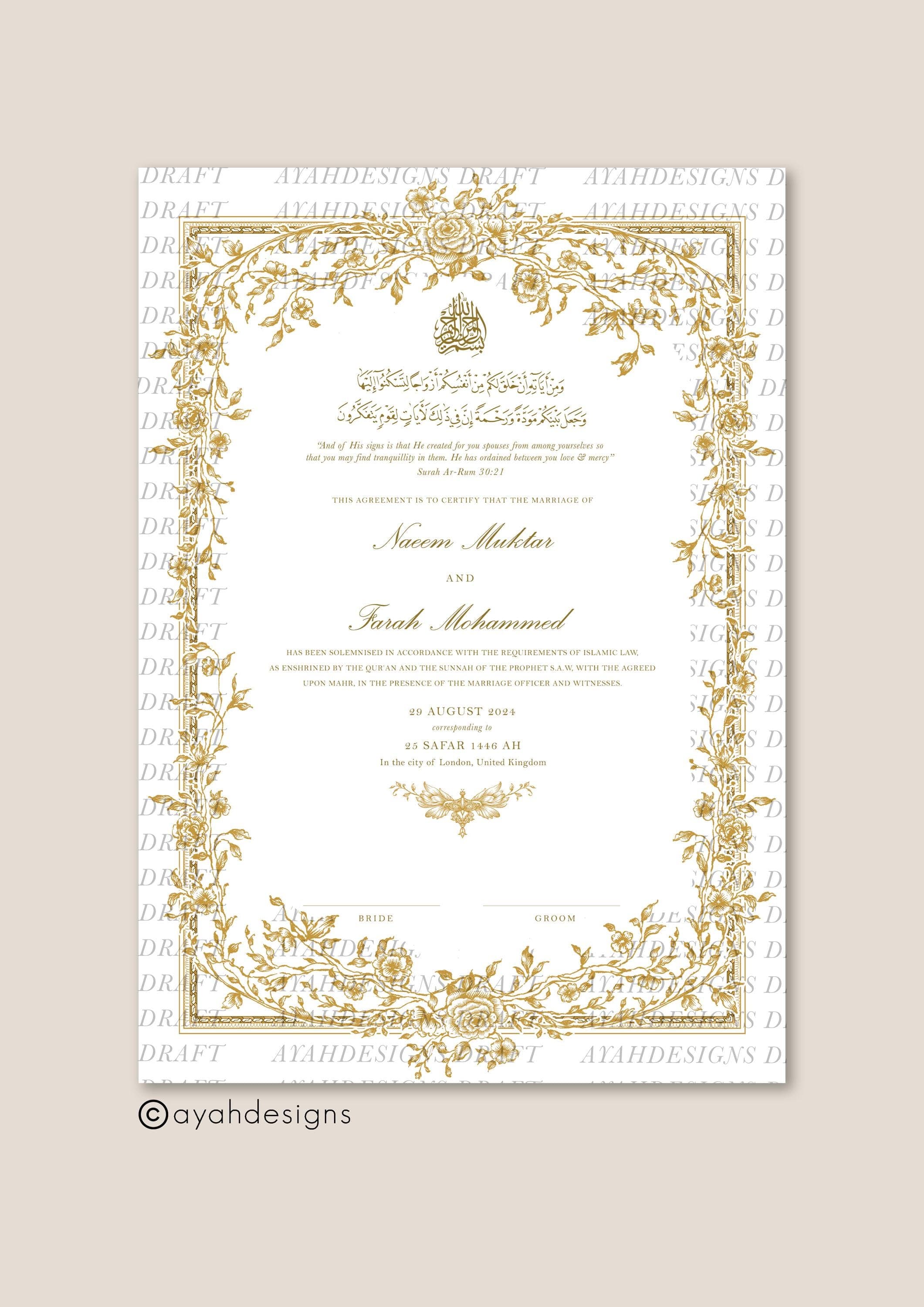Luxury A4 Nikkah Certificate (Mahek Gold), Islamic Wedding Contract, Nikkah Nama, Muslim Marriage Certificate, Personalised Names, Gold
