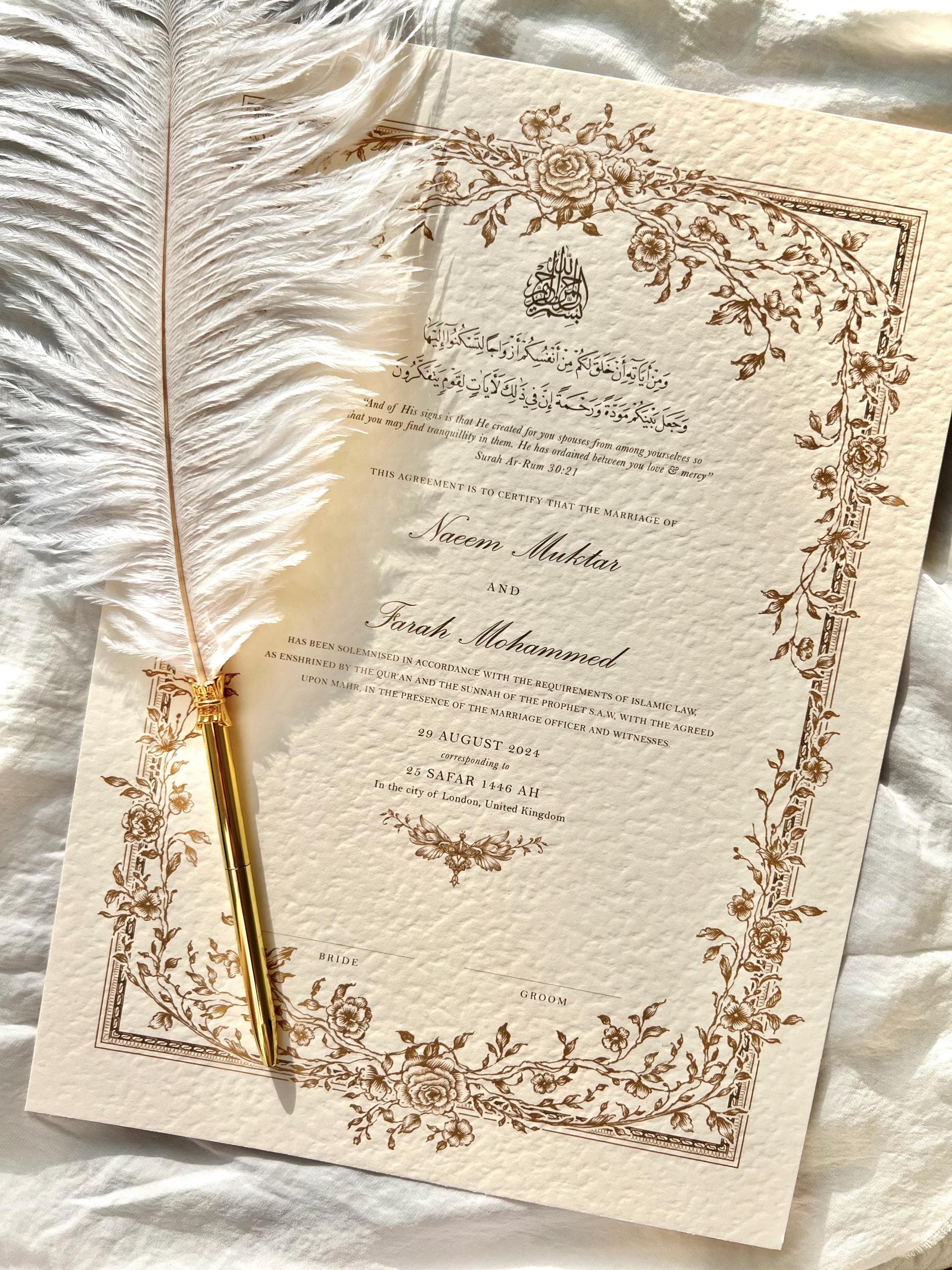 Floral A4/A3 Gold Nikkah Certificate: Personalised Islamic Wedding Contract