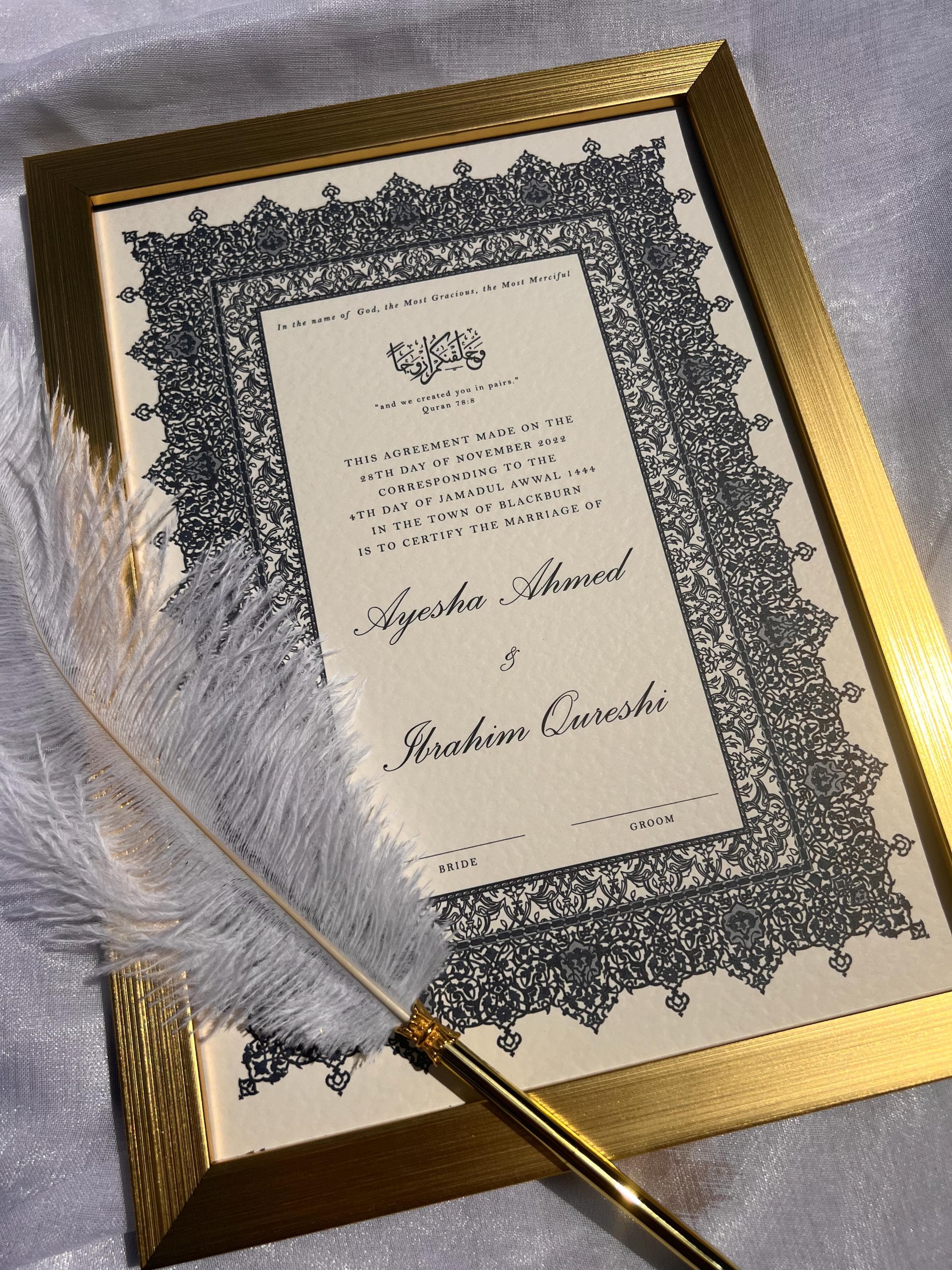 Luxury Nikkah Certificate: Personalised Islamic Wedding Contract (A4/A3)