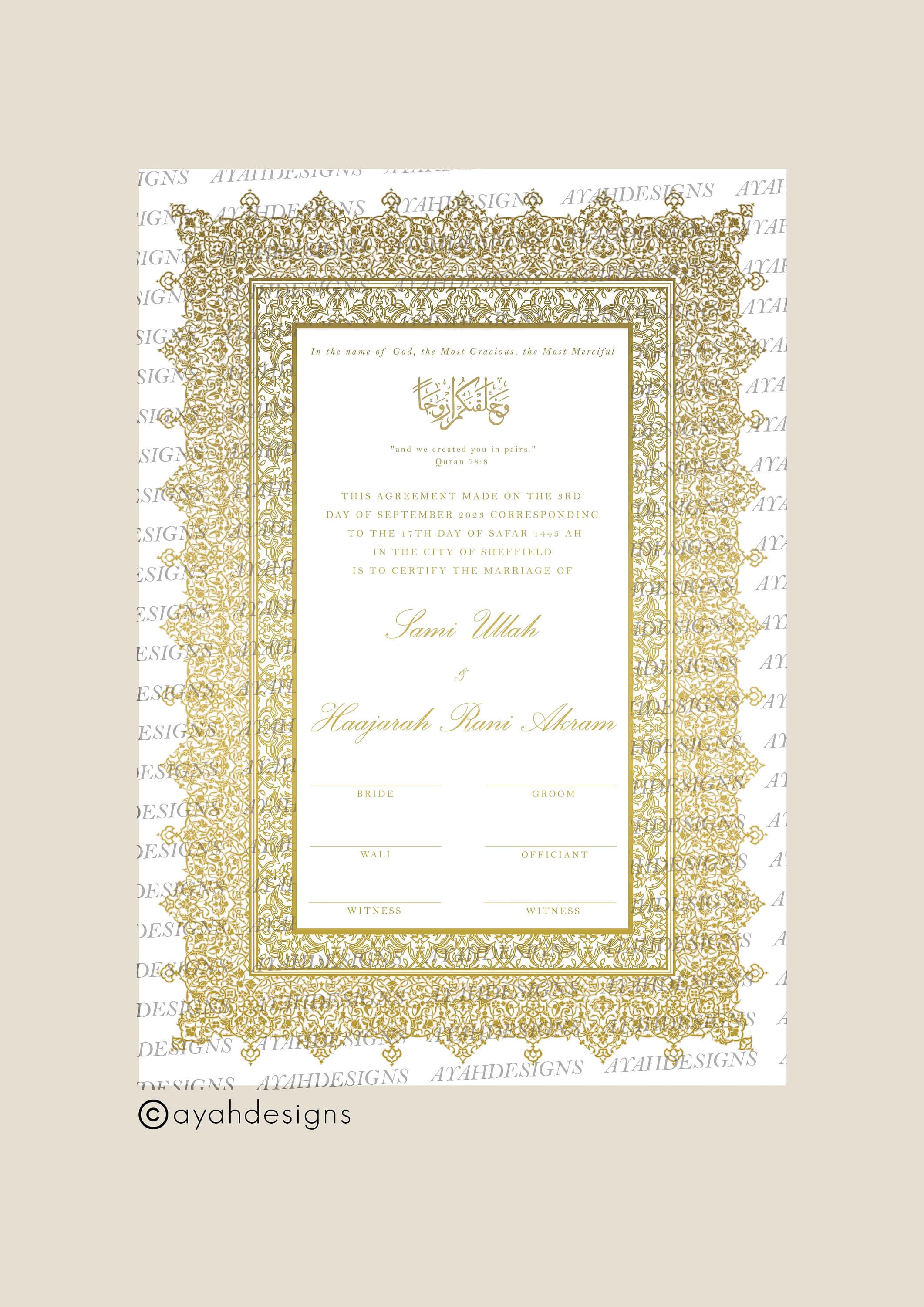 A4 nikkah certificate 11x17, modern nikkah designs, nikkah certificate with fingerprint, nikkah certificate thumbprint, custom nikah template, boxed nikkah, nikkah name in frame, nikkah name and frame, nikkah pen names, Islamic marriage contract