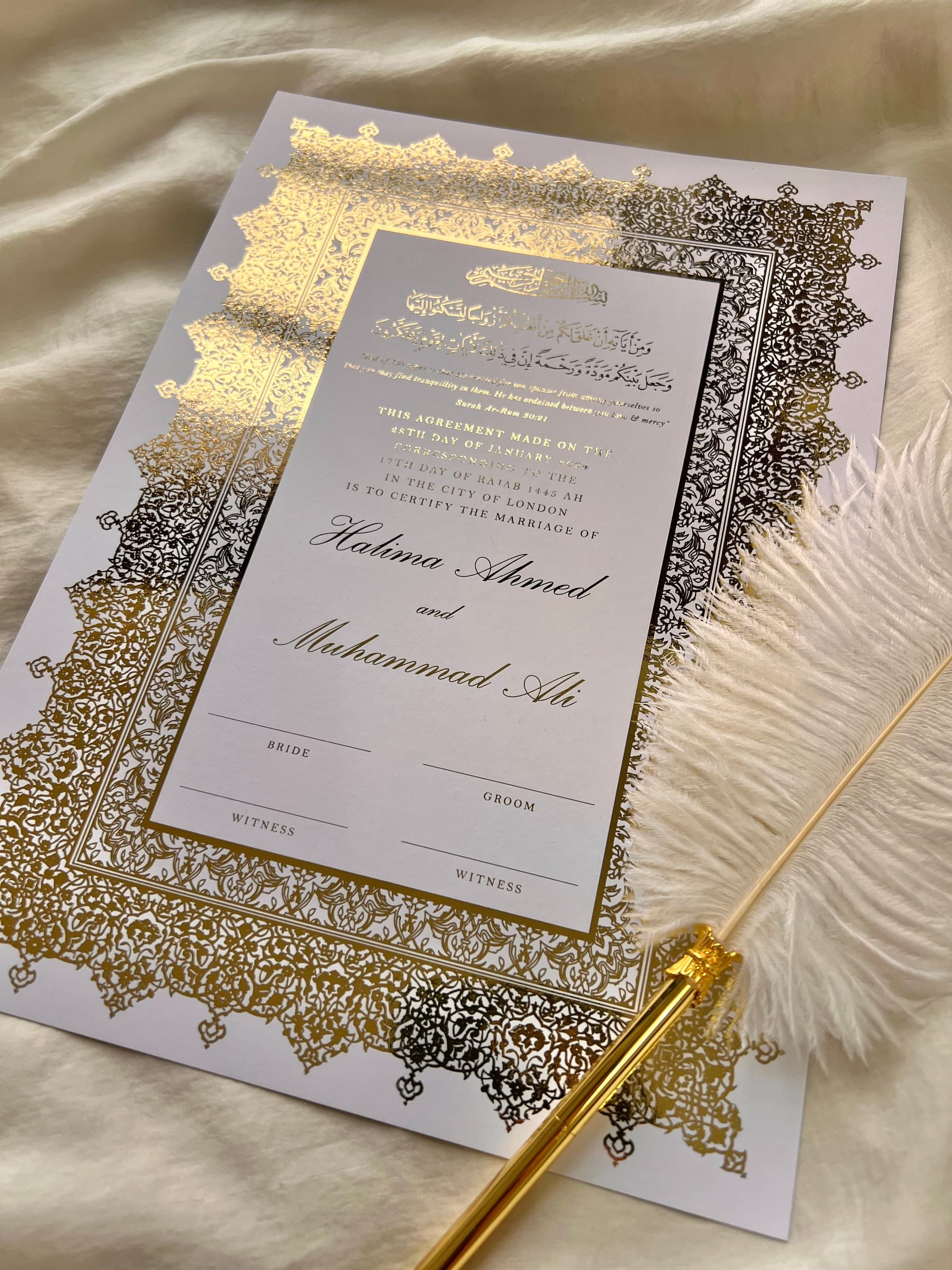 Personalised Nikkah Certificate: A4 Islamic Wedding Contract with Quran Verse