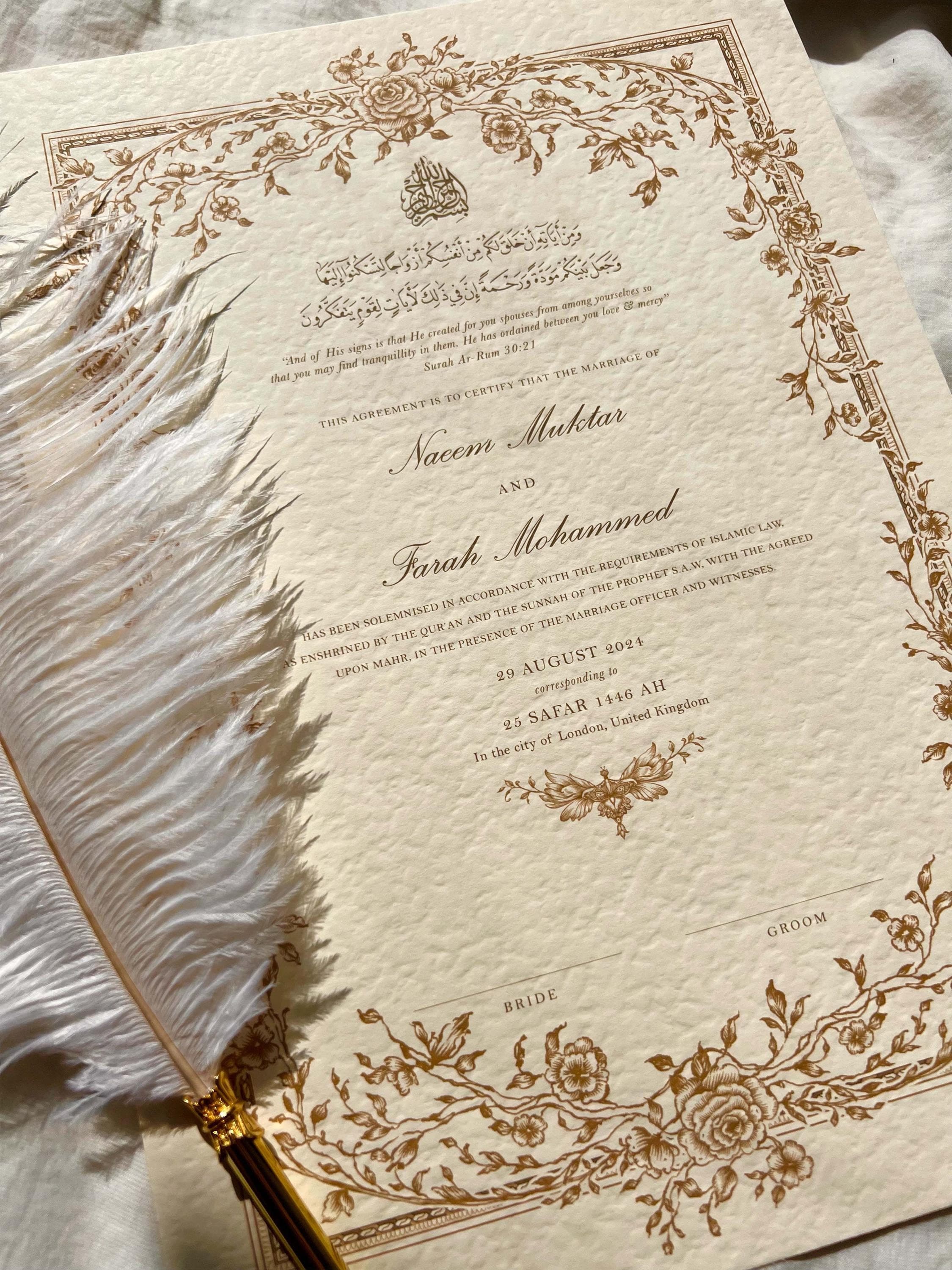 Luxury A3 Nikkah Certificate (Mahek Gold), Islamic Wedding Contract, Nikkah Nama, Muslim Marriage Certificate, Personalised Names, Gold