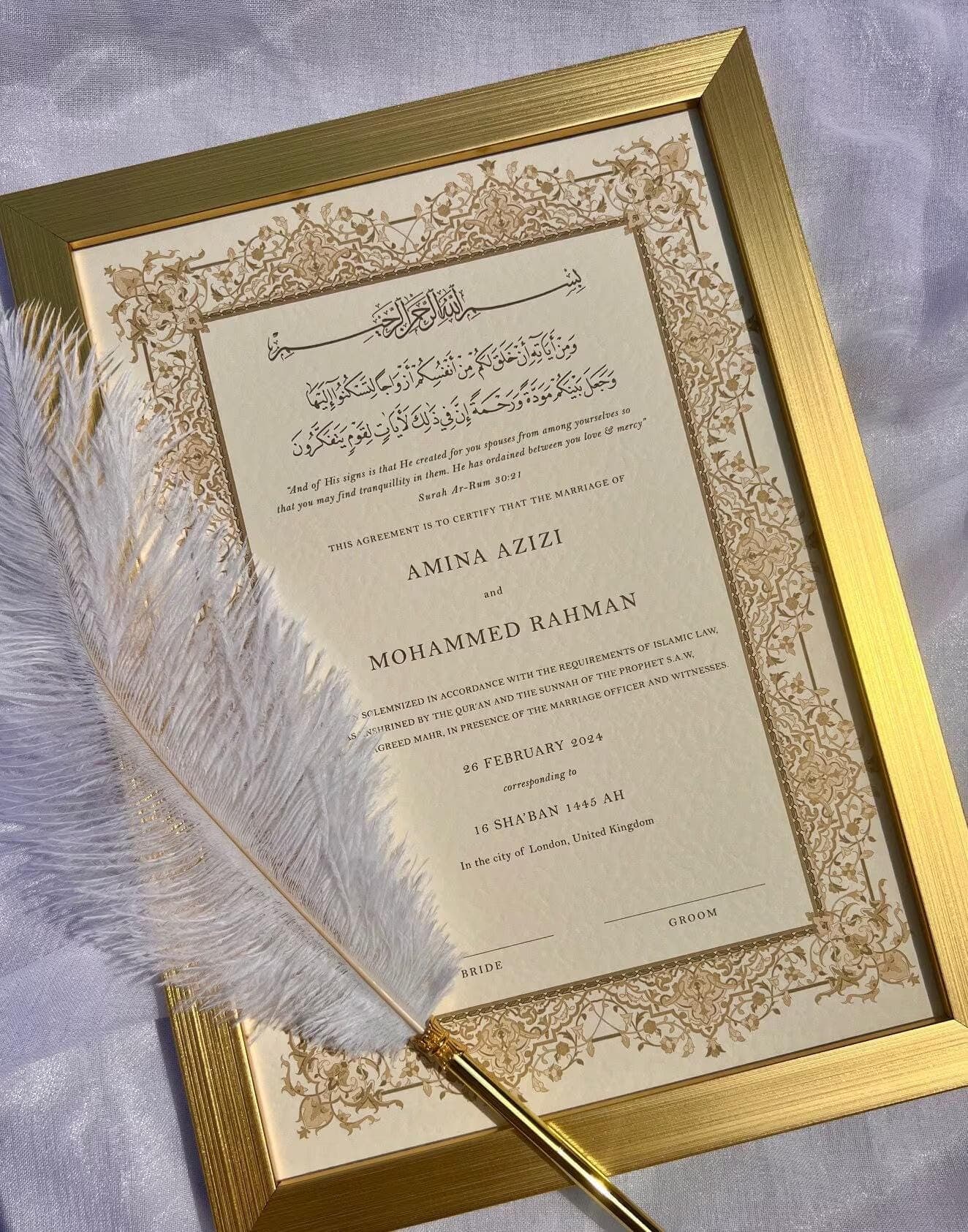 Luxury A3 Gold Nikkah Certificate: Personalised Islamic Wedding Contract