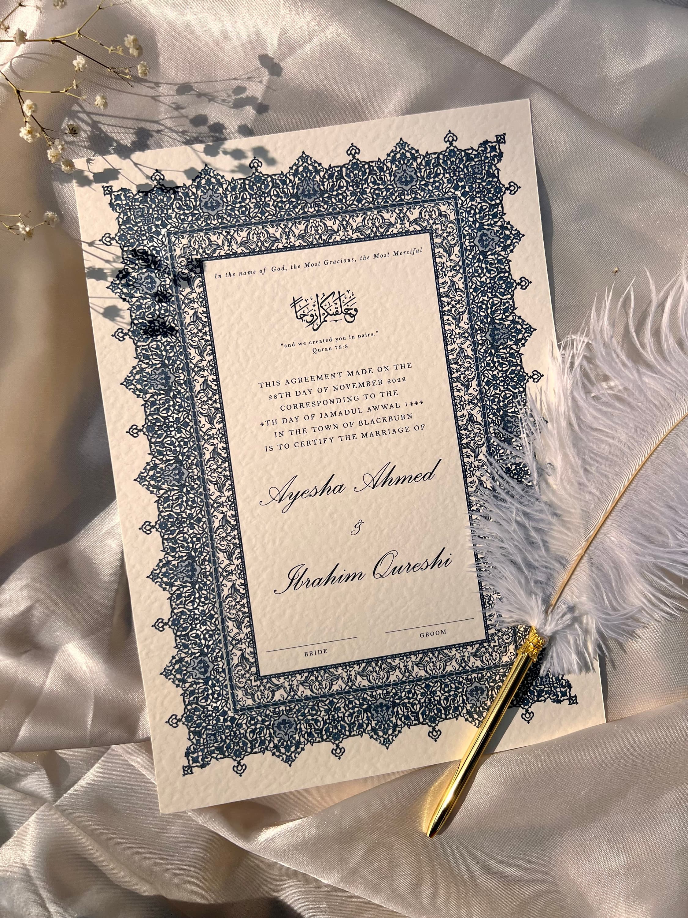 Luxury A4/A3 Nikkah Certificate: Islamic Wedding Contract, Personalised Names