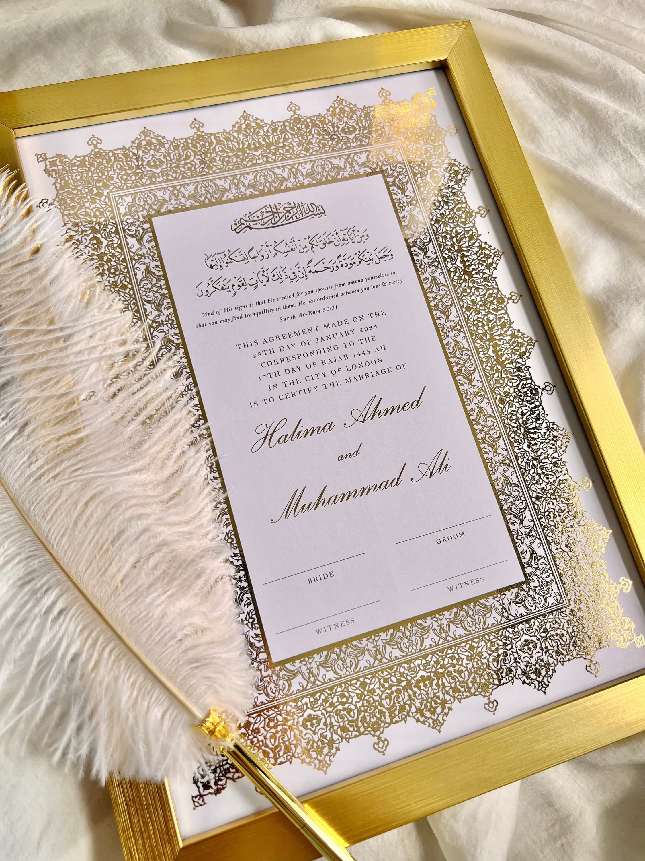 Luxury A3 Nikkah Certificate: Gold Islamic Marriage Contract with Feather Pen