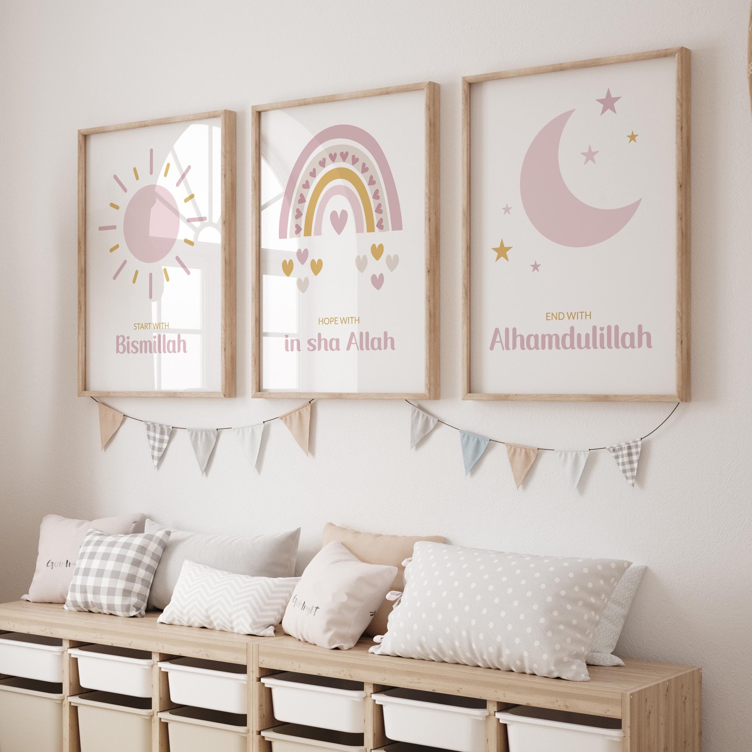 Set of 3 Islamic Wall Art Prints for Children, 3 Piece Muslim Nursery Posters, Islamic Gifts for Girls, Bismillah Islam Posters for Kids - image 3