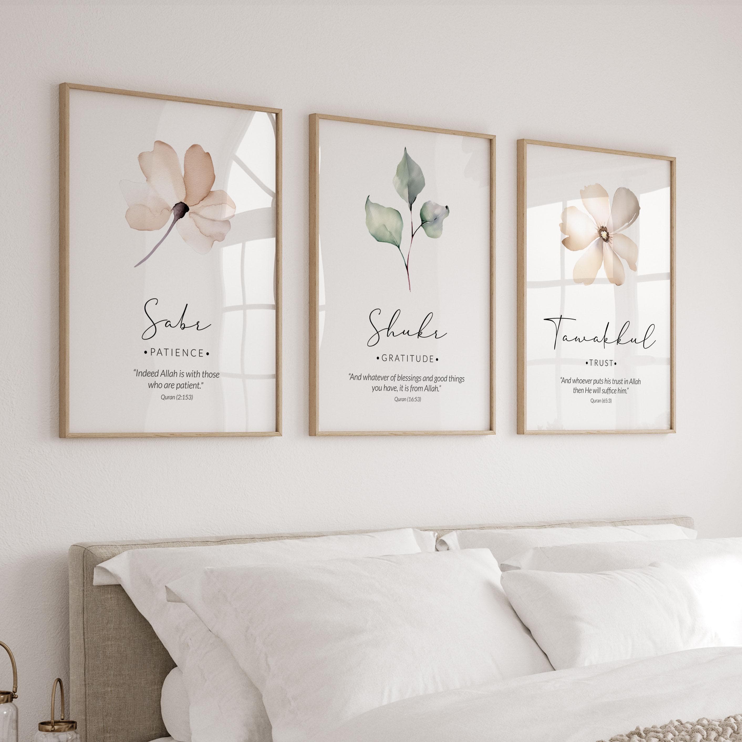 Quran Verse Islamic Wall Art Set of 3 Posters, Muslim Home Decor, Islamic Gifts with Sabr, Shukr, Tawakkul Quotes - image 3
