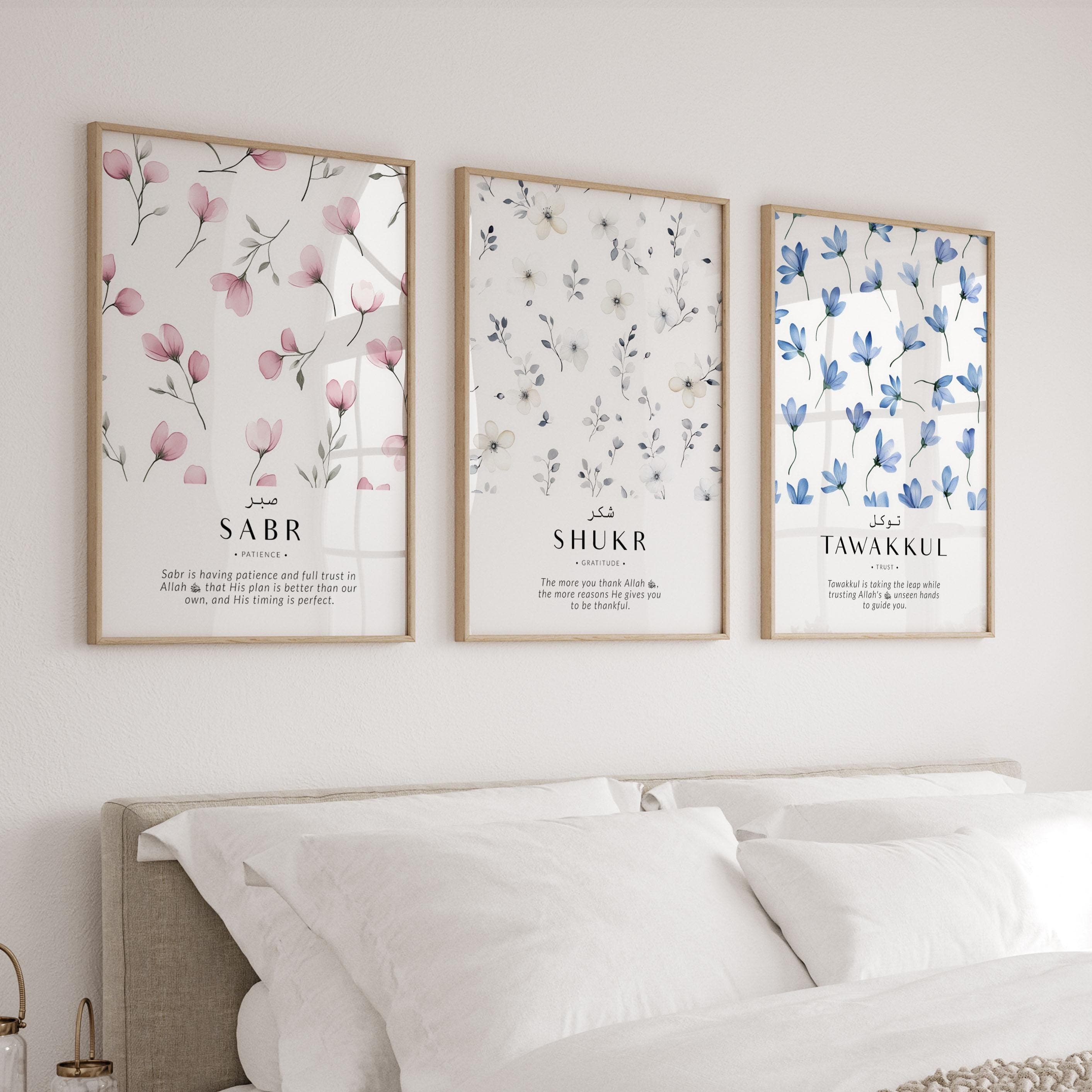 Set of 3 Islamic Wall Art Posters with Inspirational Quotes - Sabr Shukr Tawakkul, Islamic Eid Gifts for Modern Muslim Home Decor