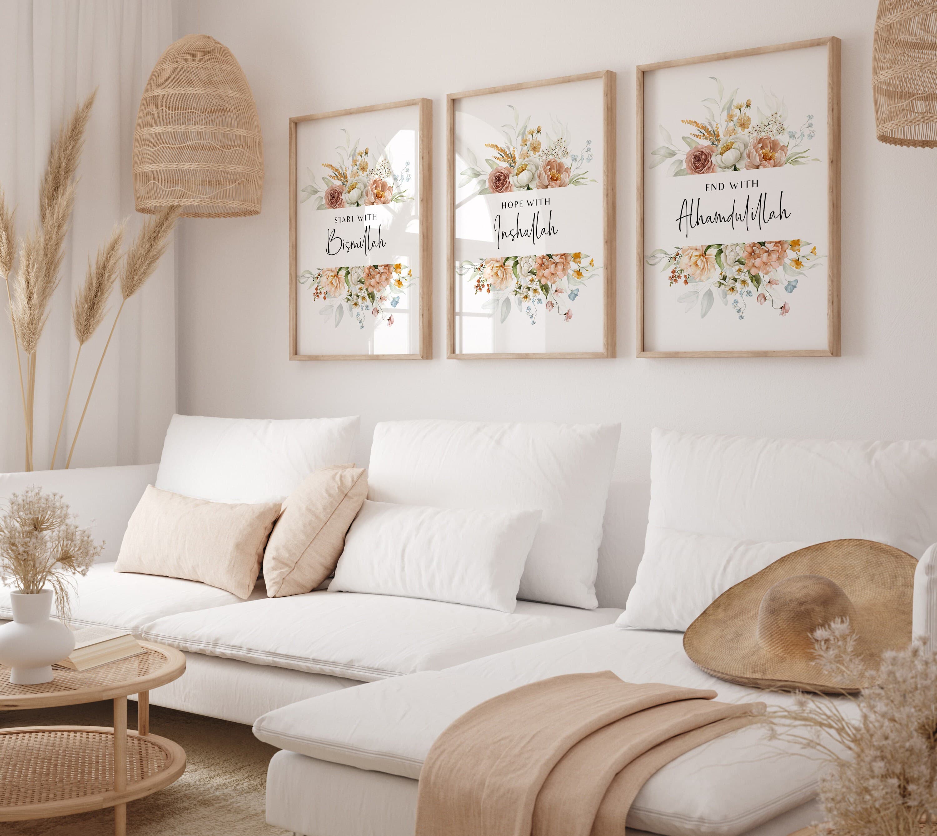 Modern Islamic Wall Art, Set of 3 Muslim Posters and Prints, Islamic Eid Gifts, Neutral Floral Home Decor, start with Bismillah Triptych - image 3