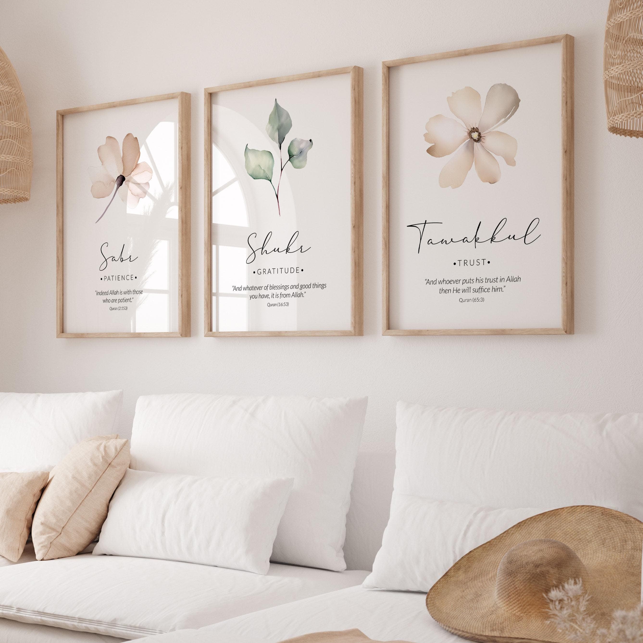 Quran Verse Islamic Wall Art Set of 3 Posters, Muslim Home Decor, Islamic Gifts with Sabr, Shukr, Tawakkul Quotes