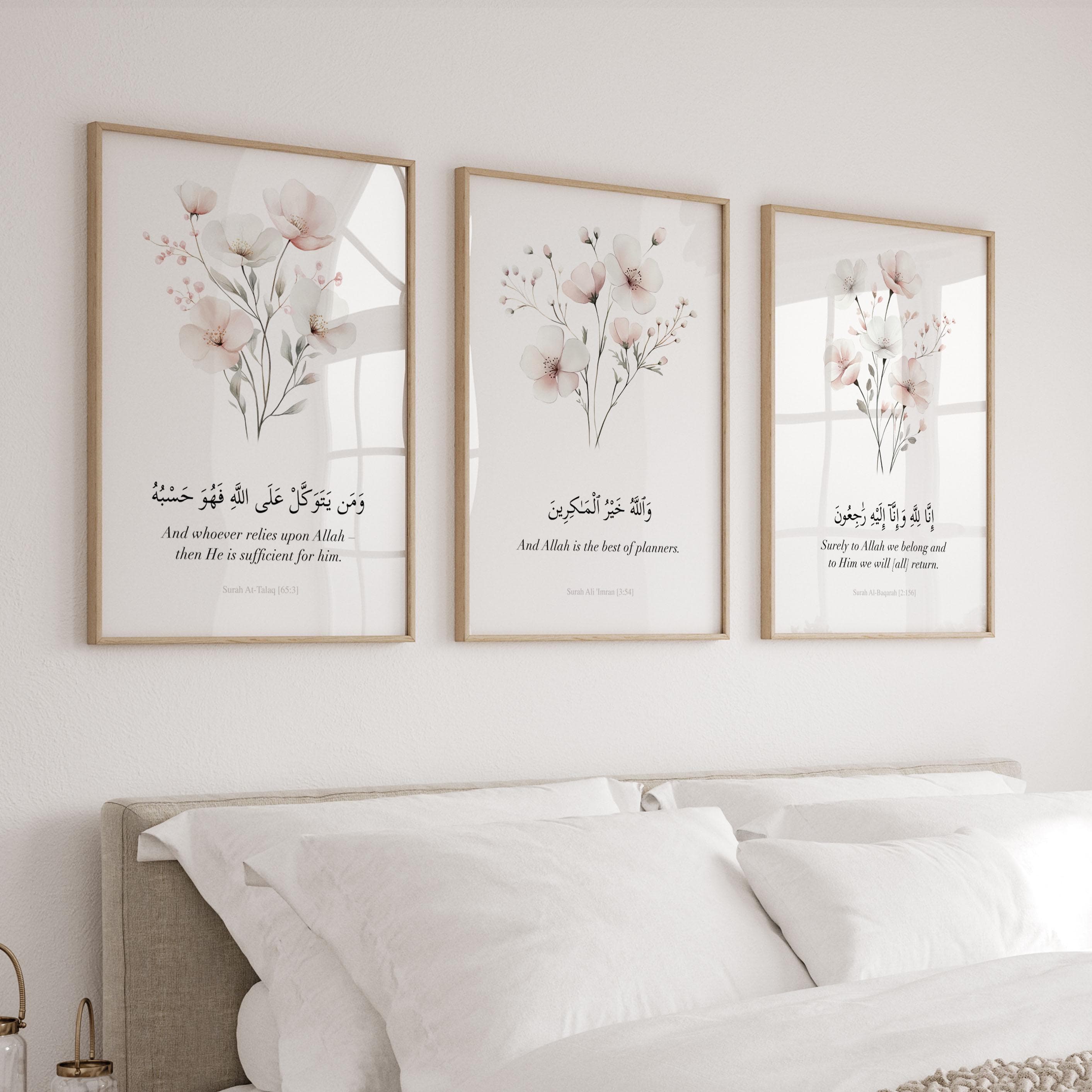 Set of 3 Quran Verse Islamic Wall Art Posters, Eid Gifts for Modern Muslim Home Decor, Islamic Quotes, Neutral Floral Muslim Art Prints