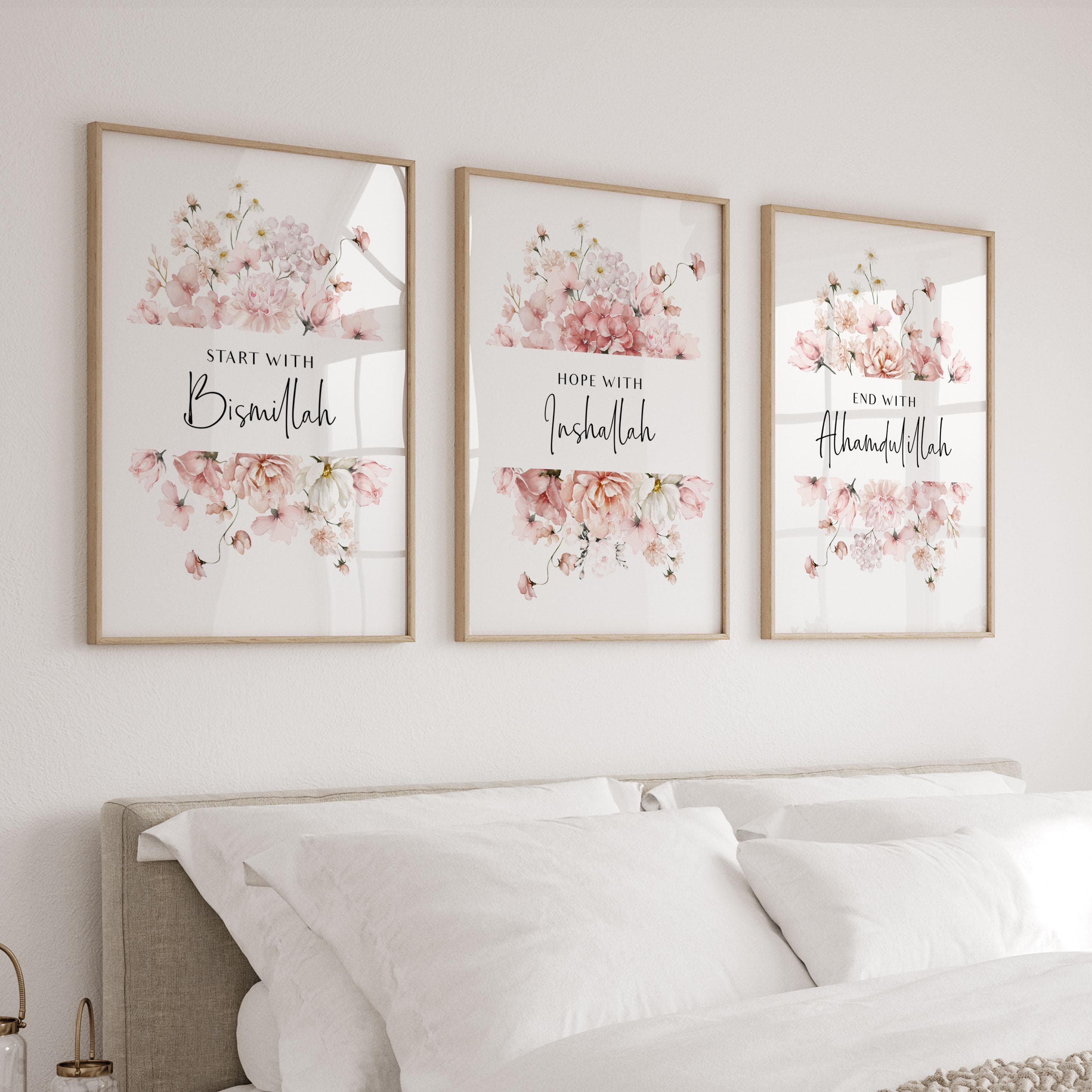 Set of 3 Islamic Wall Art Posters, Eid Gifts for Modern Muslim Home Decor, Inspirational Islamic Quotes Prints, Pink Floral Bismillah Art