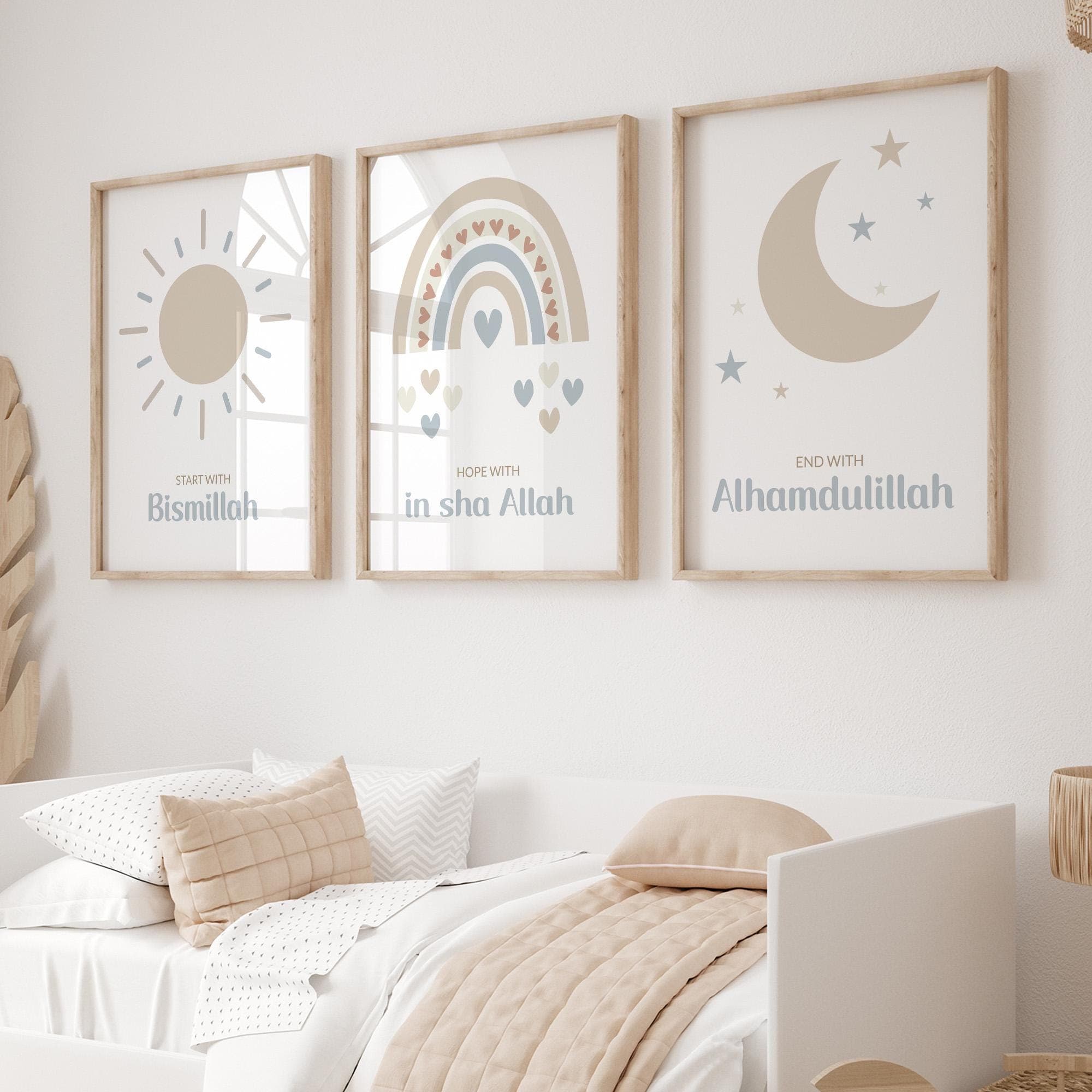 Islamic Wall Art Posters for Children, Personalised Eid Gifts for Kids, Muslim Nursery Decor in Neutral Beige, Custom Name Sign for Baby - image 3