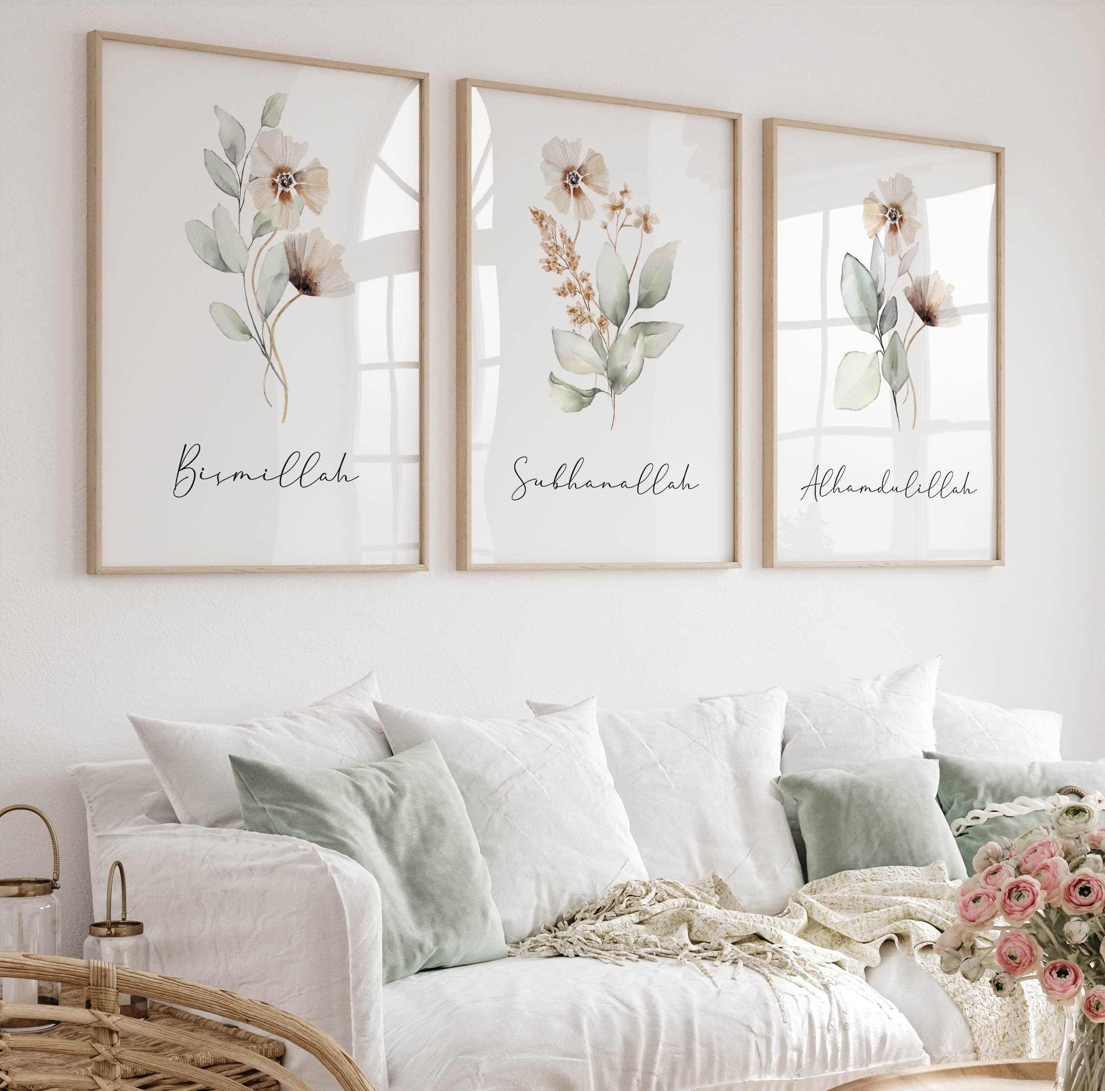 Islamic Wall Art, Islamic Gifts, Set of 3 Muslim Posters & Prints, Sage Green Cream Floral Home Decor, Bismillah Subhanallah Alhamdulillah - image 4