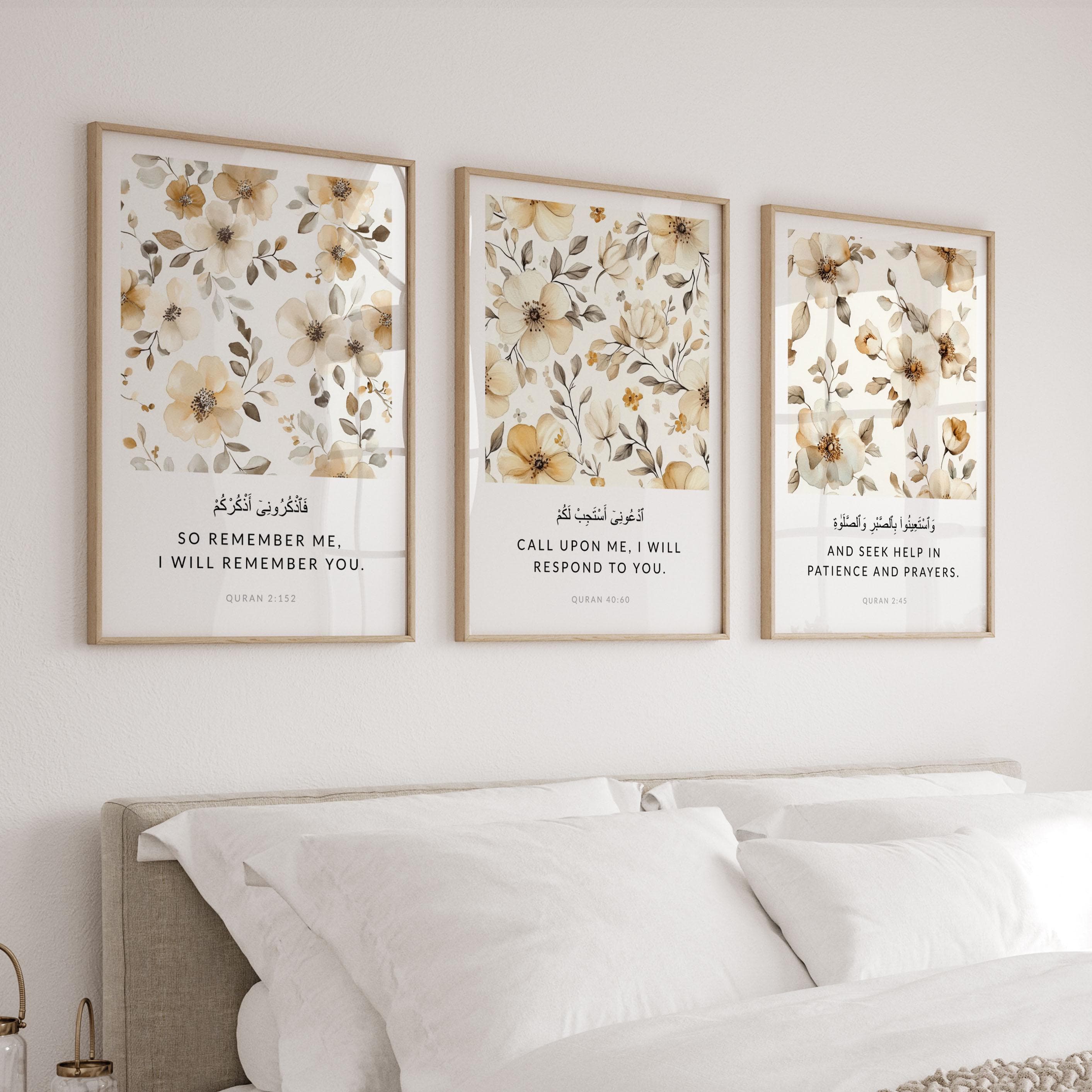 Set of 3 Quran Verse Islamic Wall Art Posters, Eid Gifts for Modern Muslim Home Decor, Islamic Quotes, Inspirational Prints Neutral Floral