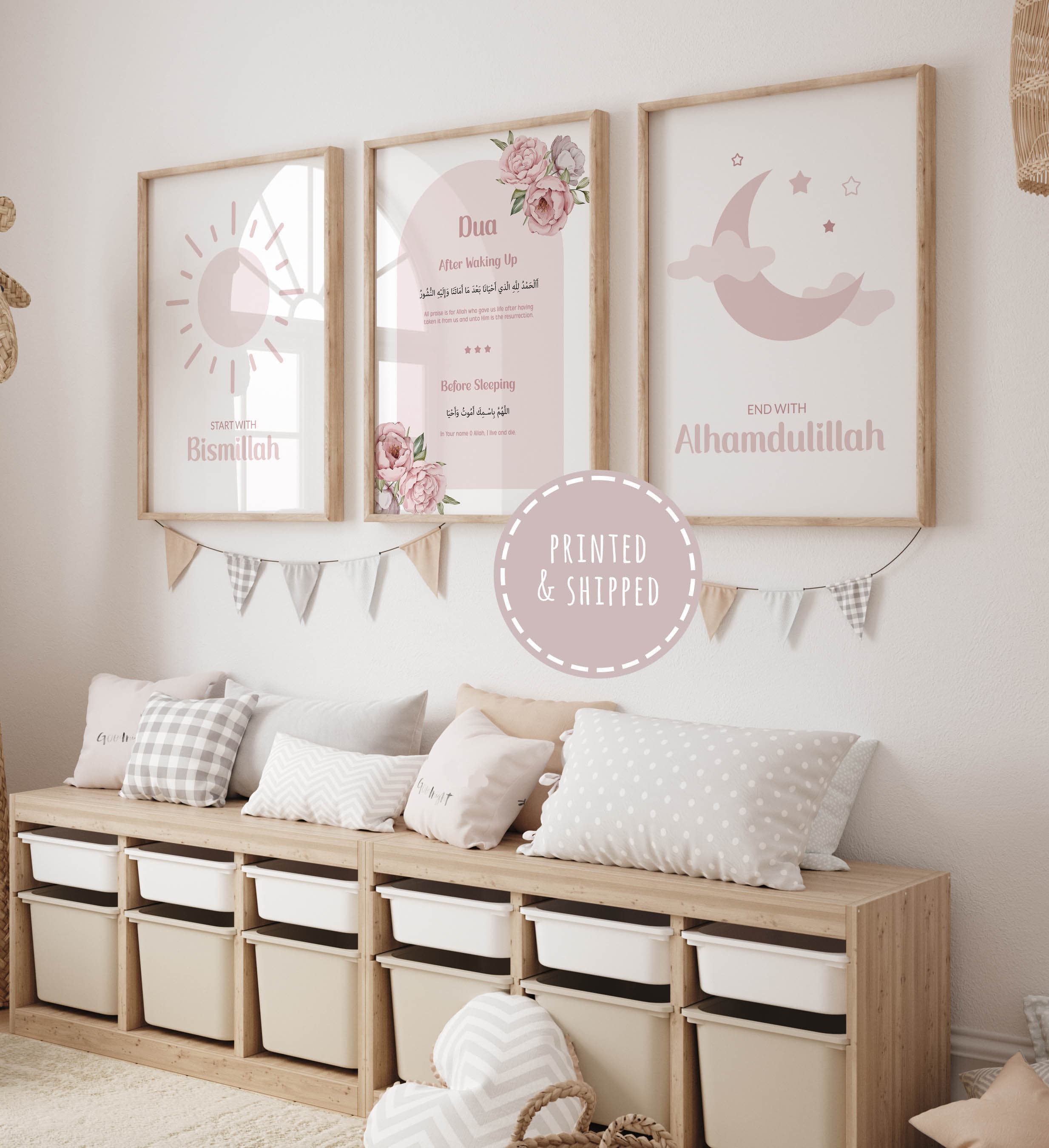 Set of 3 Islamic Wall Art Prints for Kids, 3 Piece Muslim Nursery Posters, Islamic Gifts for Girl, Pink Morning Evening Dua Triptych Art