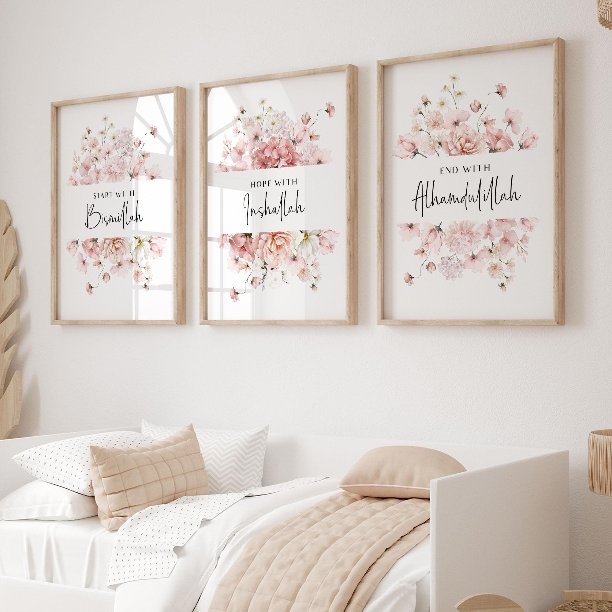 Set of 3 Islamic Wall Art Posters, Eid Gifts for Modern Muslim Home Decor, Inspirational Islamic Quotes Prints, Pink Floral Bismillah Art - image 3