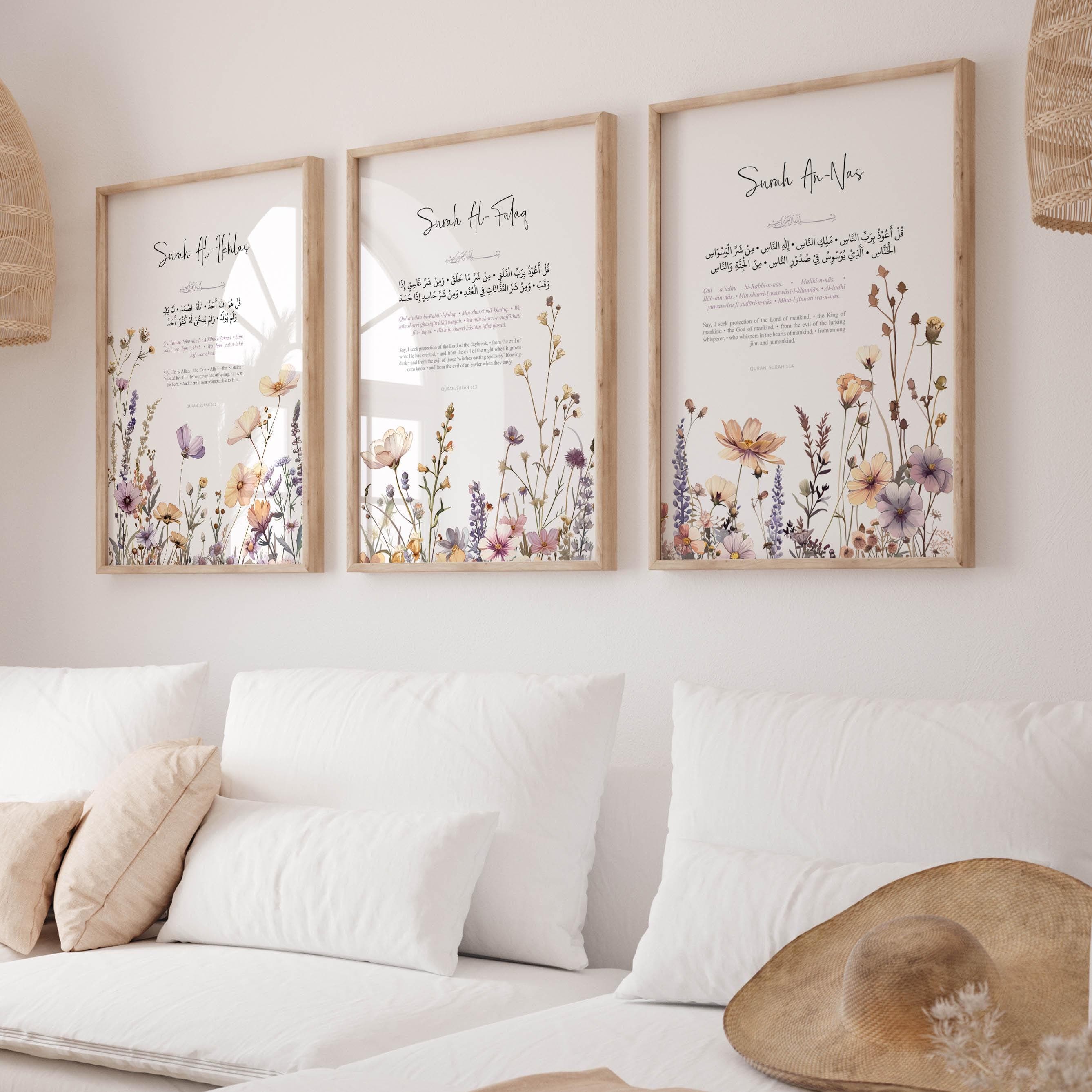 Islamic Wall Art Prints, Set of 3 Quran Verse Posters, Modern Muslim Home Decor, Islamic Gifts, Surah Ikhlas, Falaq & Nas transliteration - image 3