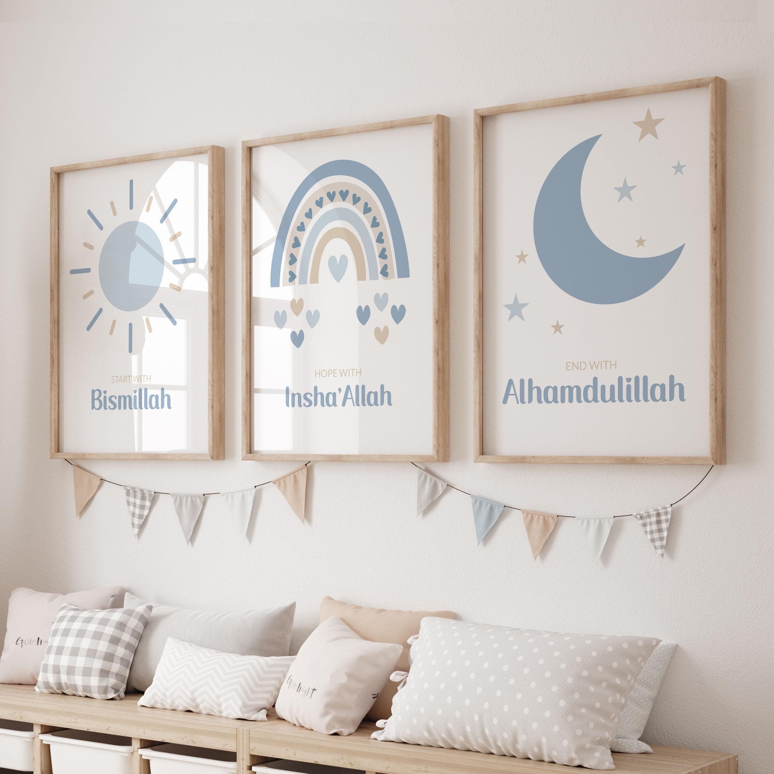 Islamic Wall Art Posters for Children, Set of 3 Islamic Prints in Blue, Eid Gifts for Boys, Muslim Boy's Room Decor, Start with Bismillah - image 3