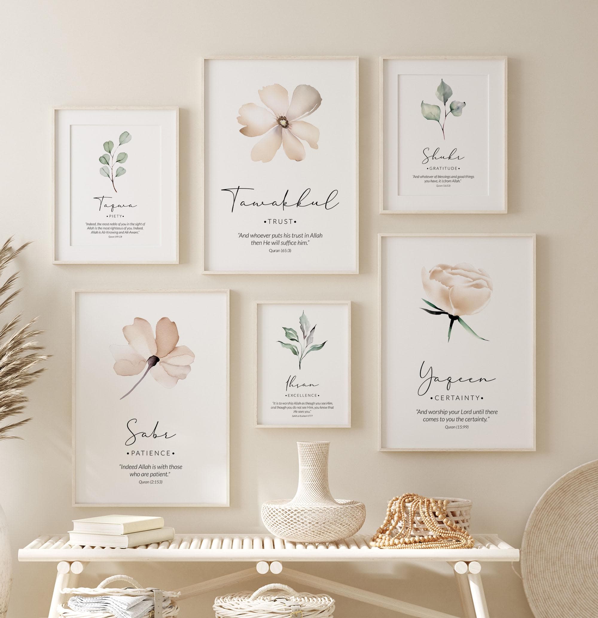 Islamic Gallery Wall Art, Set of 6 Muslim Posters and Prints with Sage Green & Cream Flowers, Inspirational Islamic Quran Verses Home Decor - image 4