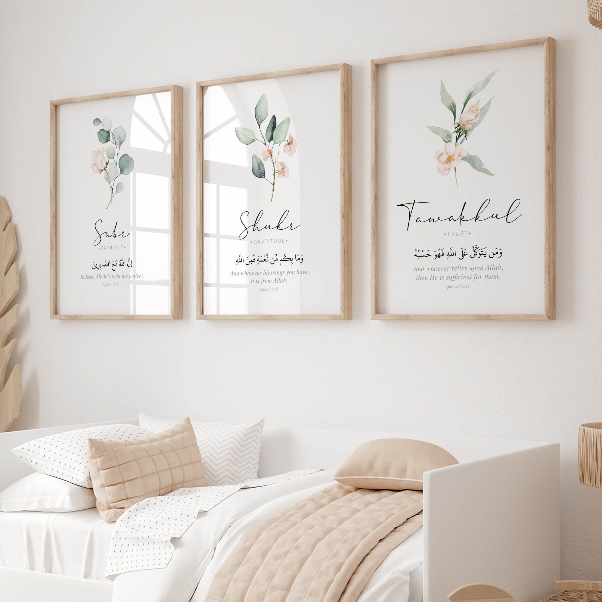 A trio of unframed Islamic posters that blend minimalist design with spiritual messages, each depicting a key Quranic term 'Sabr', 'Shukr', Tawakkul' enhanced by gentle floral accents. Perfect for kids and adults.