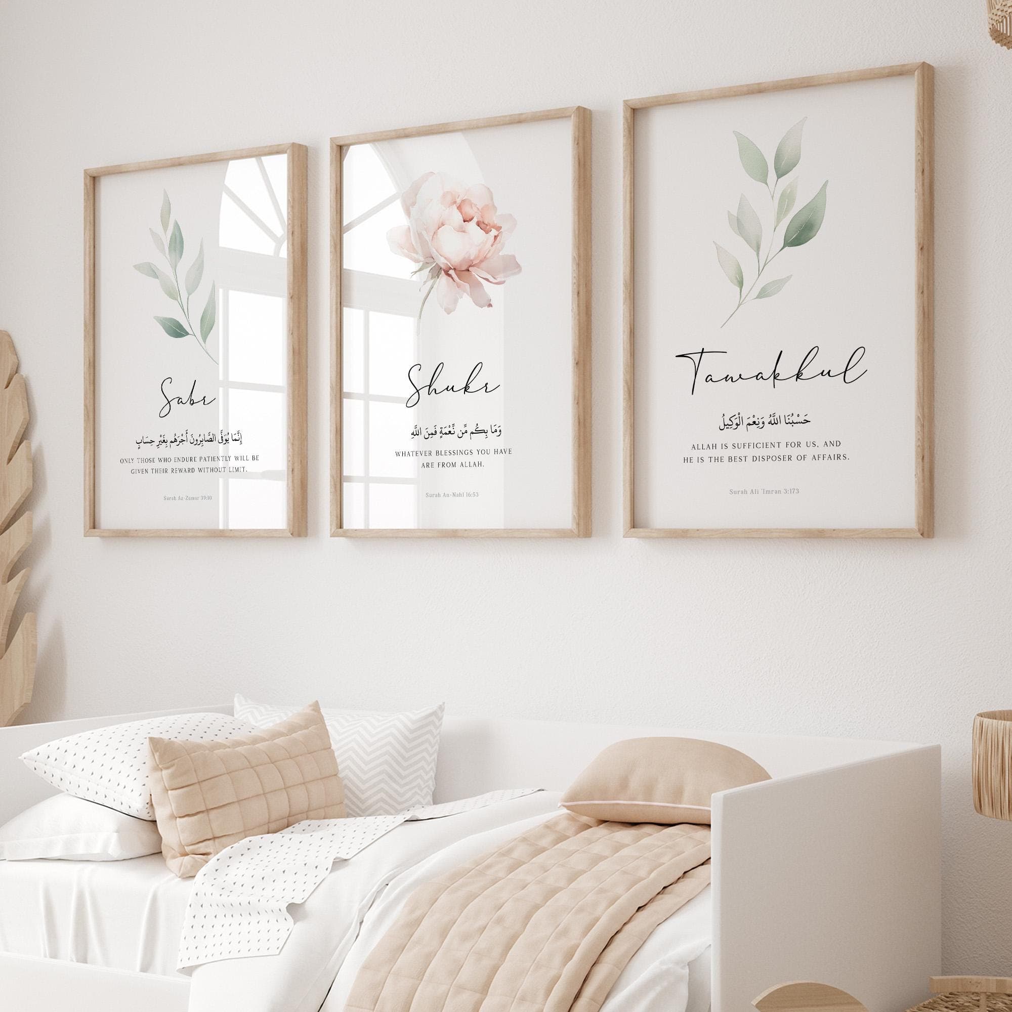 Islamic Wall Art Prints, Set of 3 Quran Verses Posters with Pink Flowers & Greenery, Muslim Ramadan Home Decor, Sabr Shukr Tawakkul Quotes - image 4