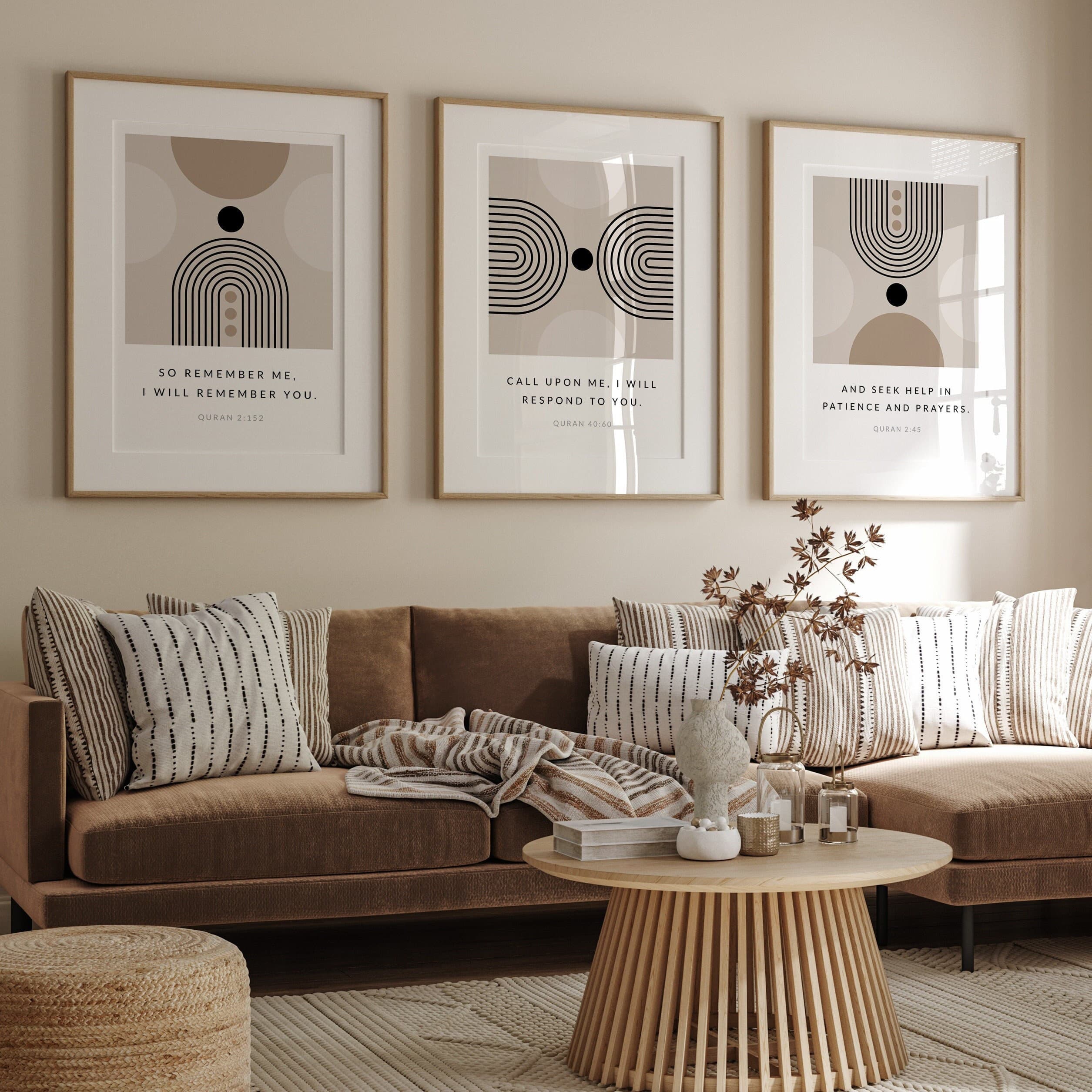 Islamic Wall Art, Set of 3 Islam Posters with Quranic Verses, Muslim Triptych, Quran Quote Prints for Trendy Mid Century Modern Decor