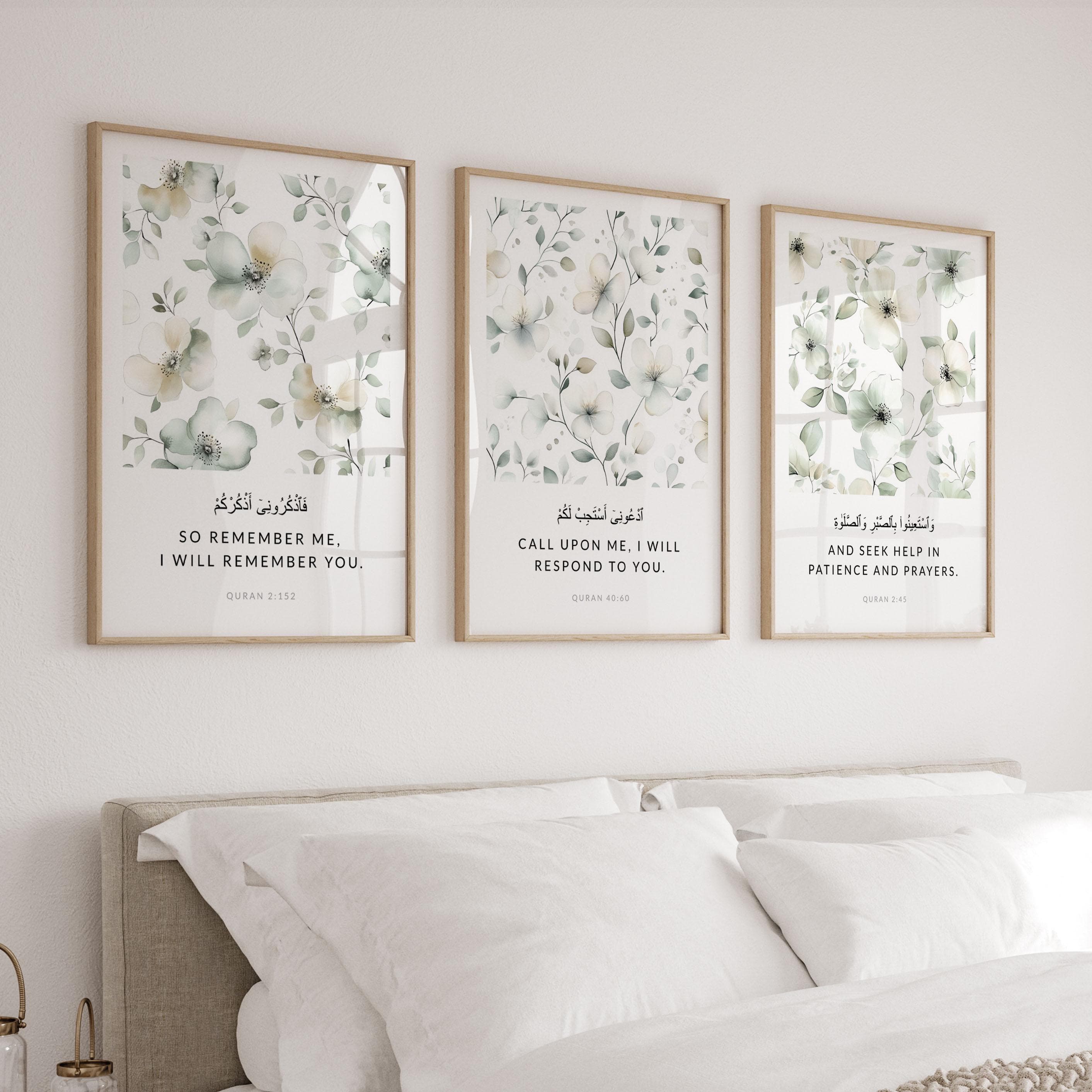 Islamic Wall Art Prints, Set of 3 Quran Verses Posters, Sage Green Floral Muslim Home Decor Gifts