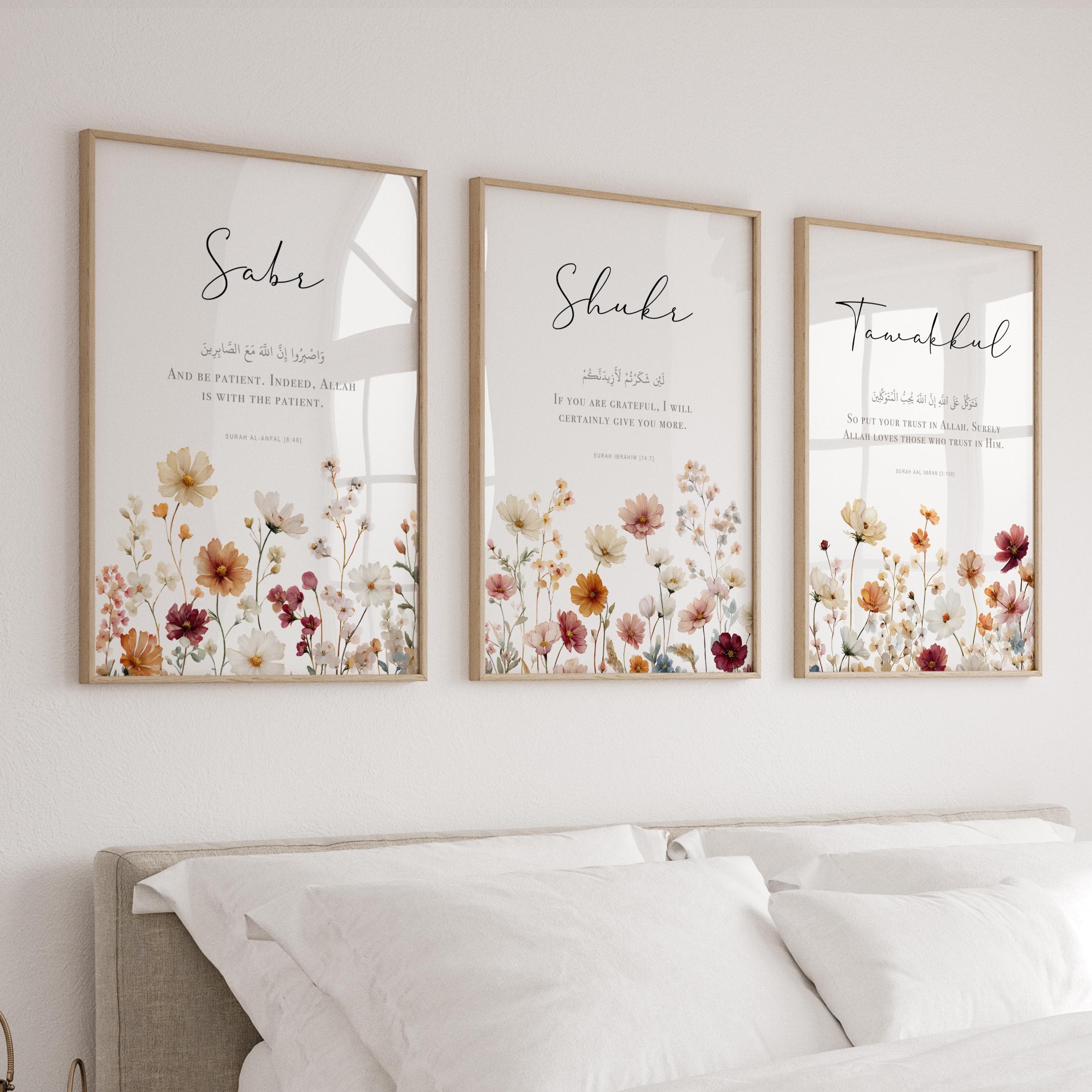 Set of 3 Quran Verse Islamic Wall Art Posters, Eid Gifts for Modern Muslim Home Decor, Islamic Quotes, Neutral Floral Muslim Art Prints
