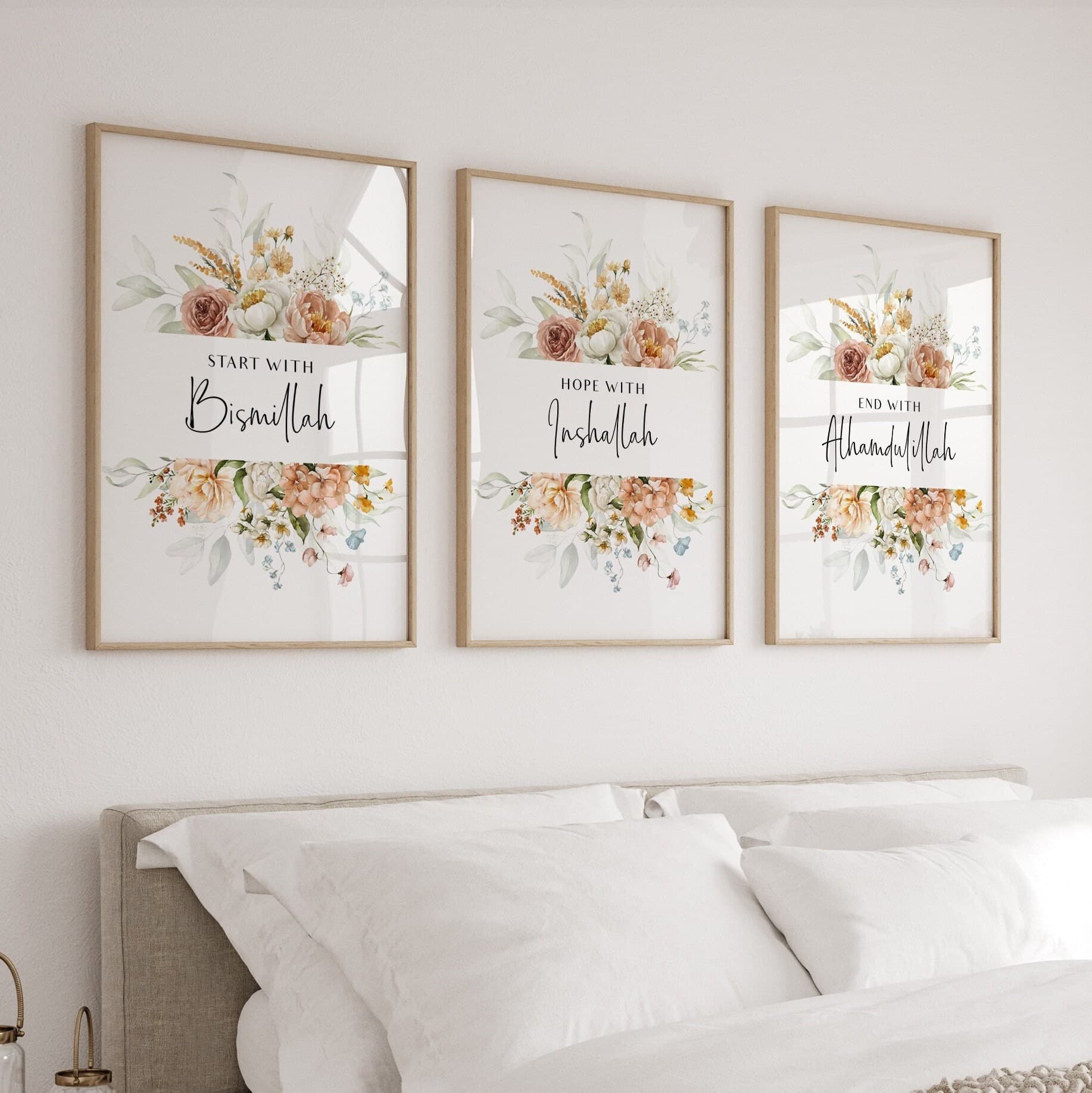 Modern Islamic Wall Art, Set of 3 Muslim Posters and Prints, Islamic Eid Gifts, Neutral Floral Home Decor, start with Bismillah Triptych