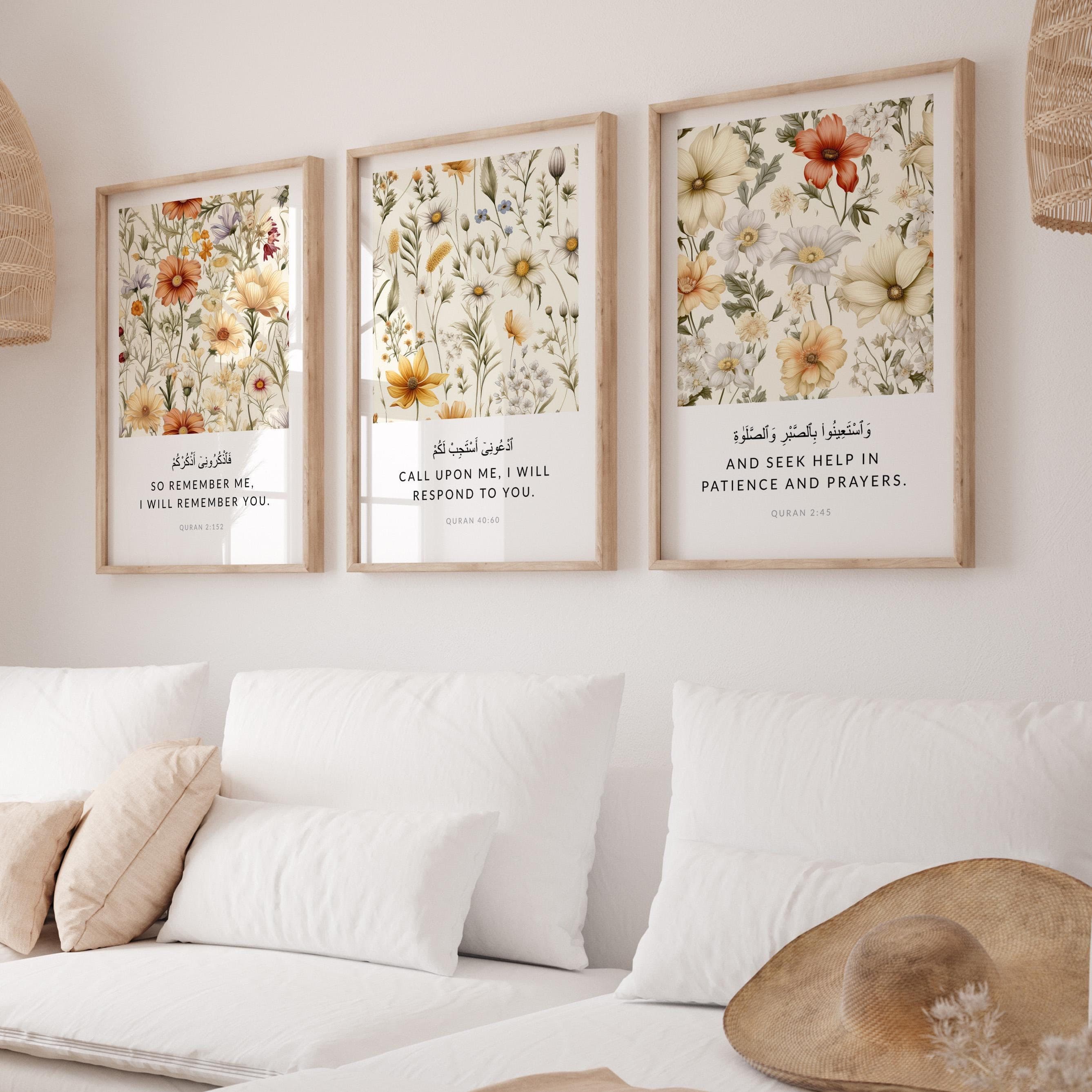 Set of 3 Quran Verse Islamic Wall Art Posters, Eid Gifts for Modern Muslim Home Decor, Islamic Quotes, Inspirational Prints Neutral Floral