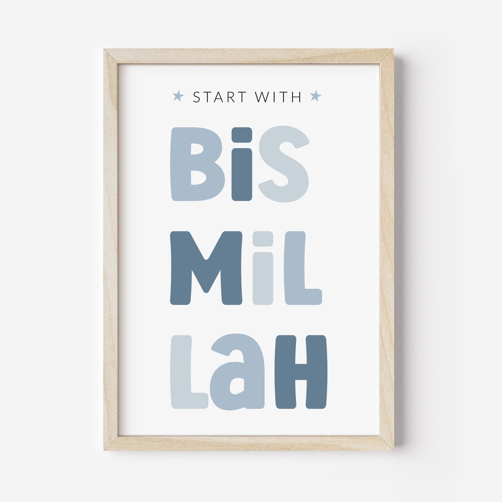 Islamic Wall Art for Children, Eid Gifts for Kids, Set of 3 Muslim Nursery Posters in Blue, Ayatul Kursi & Start with Bismillah Triptych - image 5