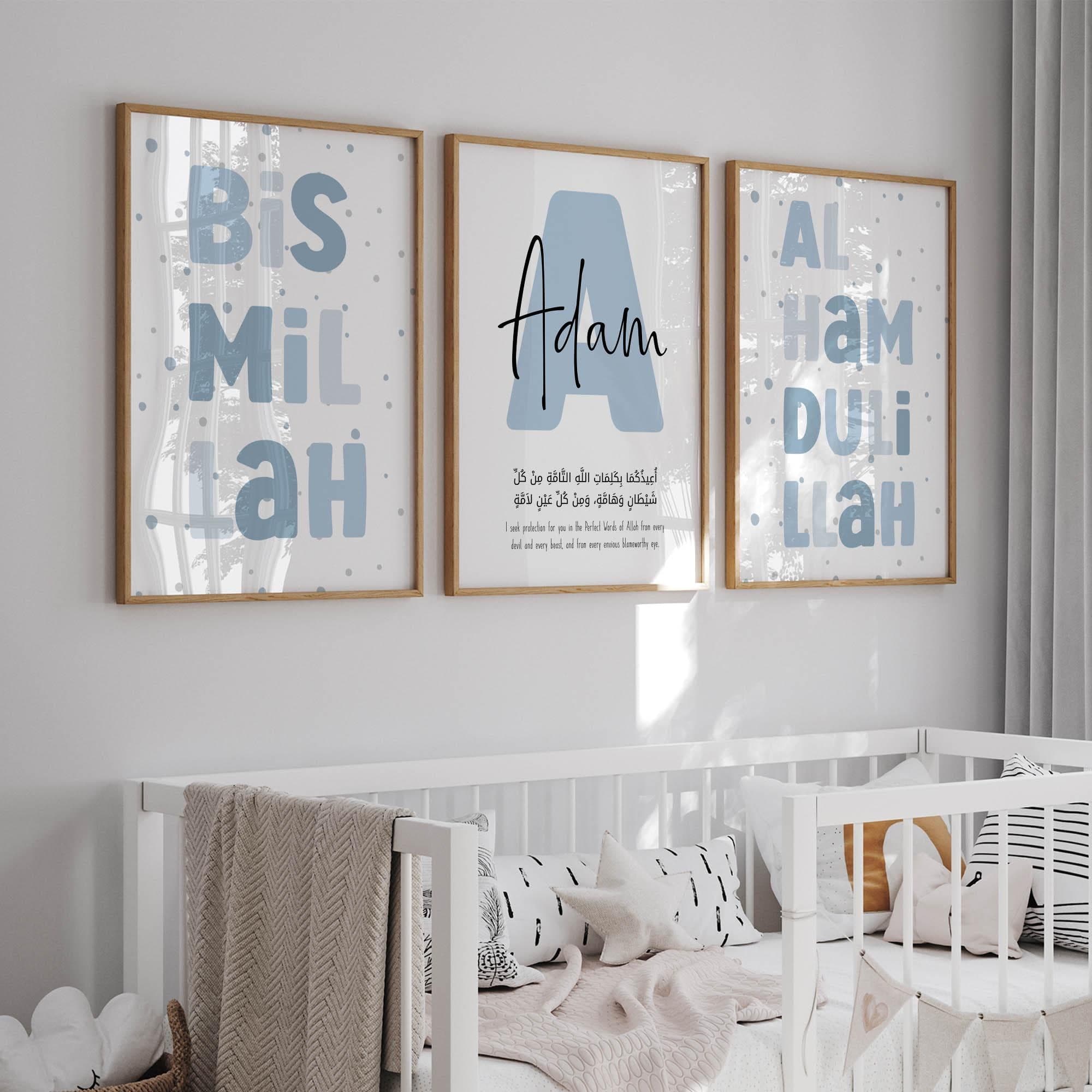 Set of 3 Islamic Wall Art for Children, Personalised Gifts for Muslim Kids, Blue Nursery Posters, Protection Dua Triptych Prints Baby Boy - image 3