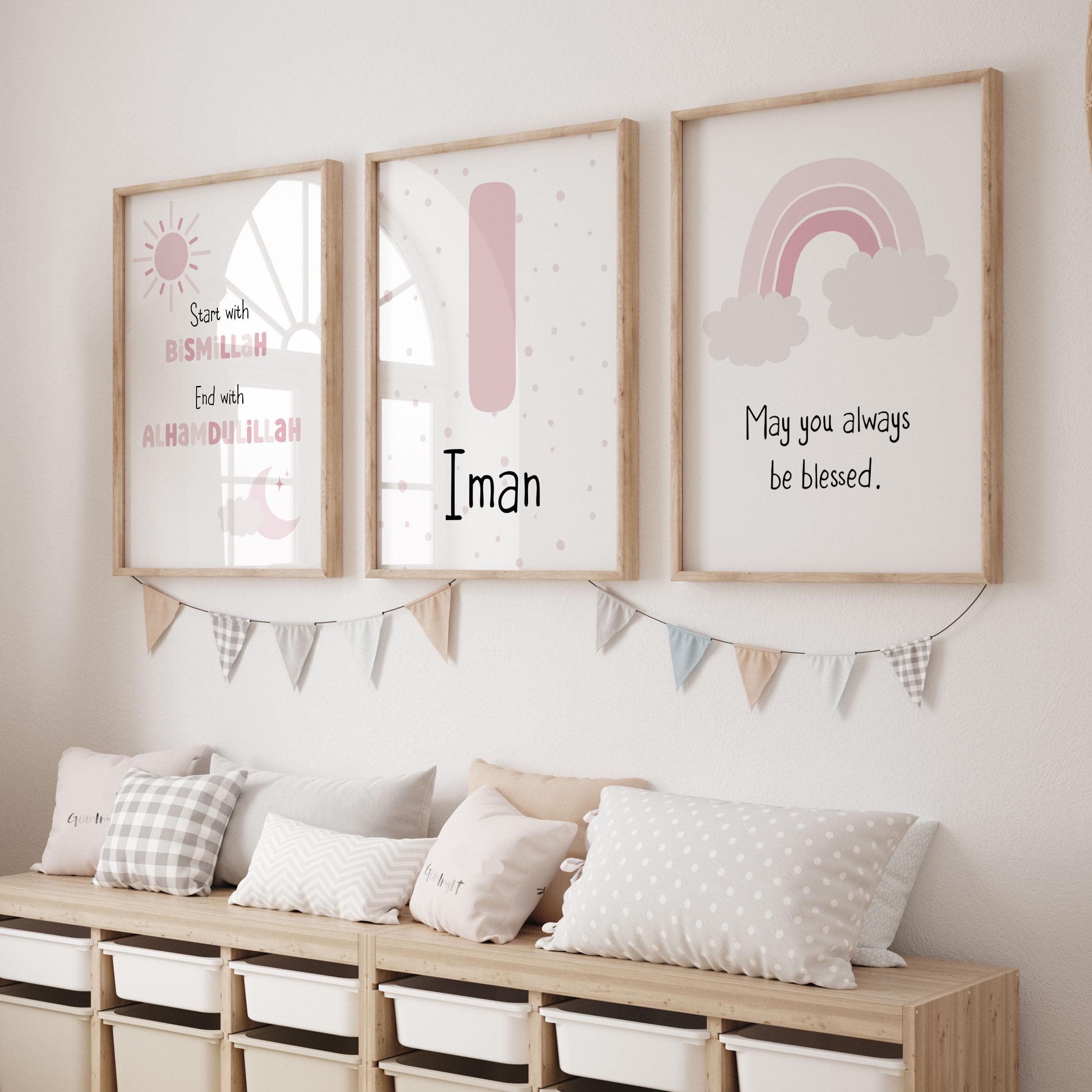 Islamic Wall Art Posters for Children, Personalised Eid Gifts for Kids, Muslim Nursery Decor in Pink, Custom Name Sign for Baby Girl