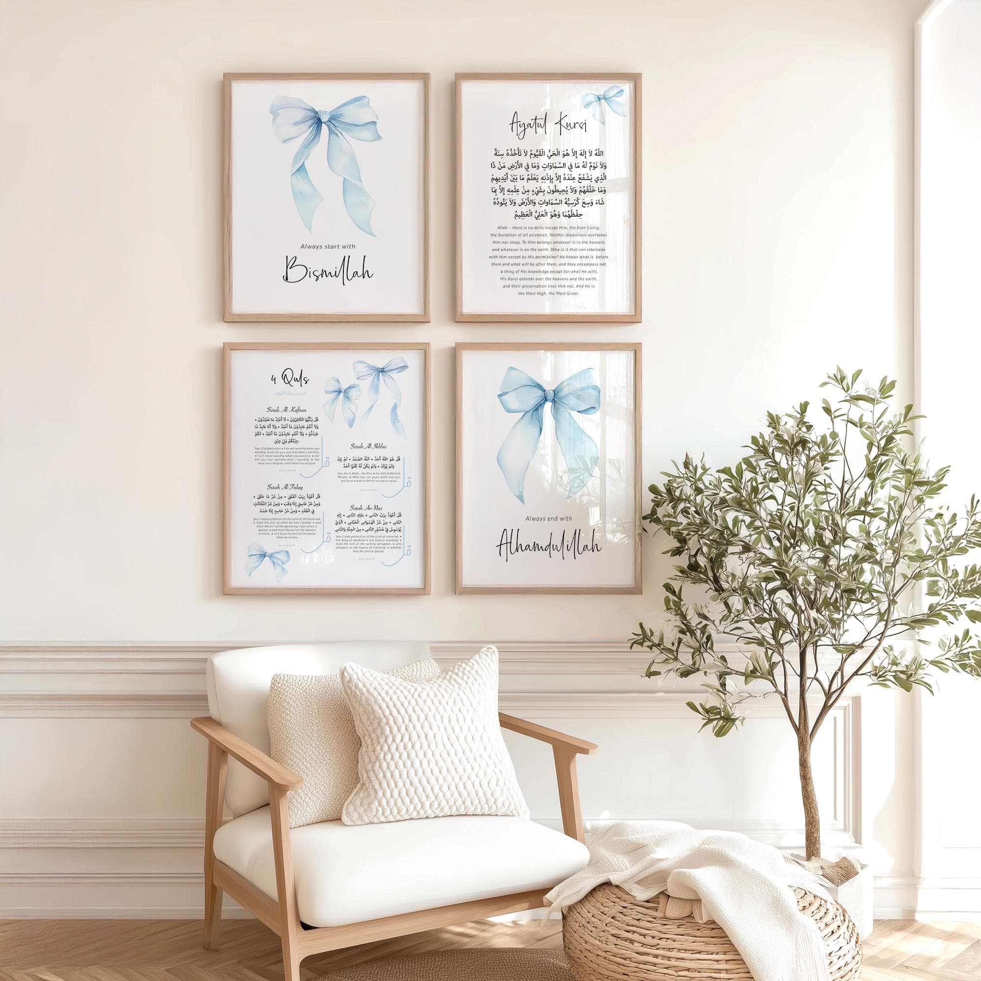 Set of 4 Islamic Wall Art Prints, Quran Posters Ayatul Kursi 4 Quls for Children, Blue Bow Bismillah Alhamdulillah Art Gifts for Muslim Kids