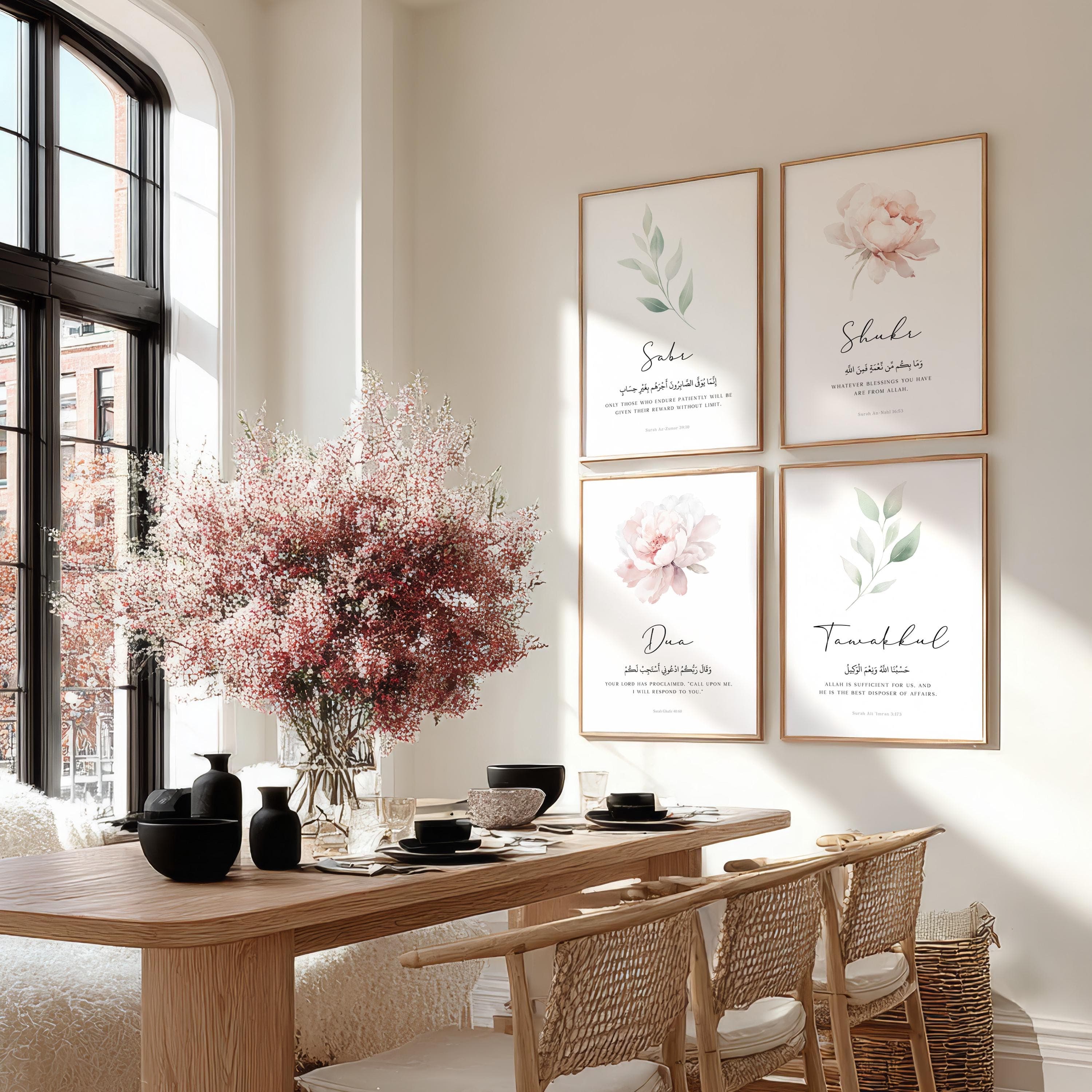 Islamic Wall Art Prints, Set of 4 Quran Verses Posters with Pink Flowers & Greenery, Muslim Ramadan Home Decor, Sabr Shukr Tawakkul Quotes