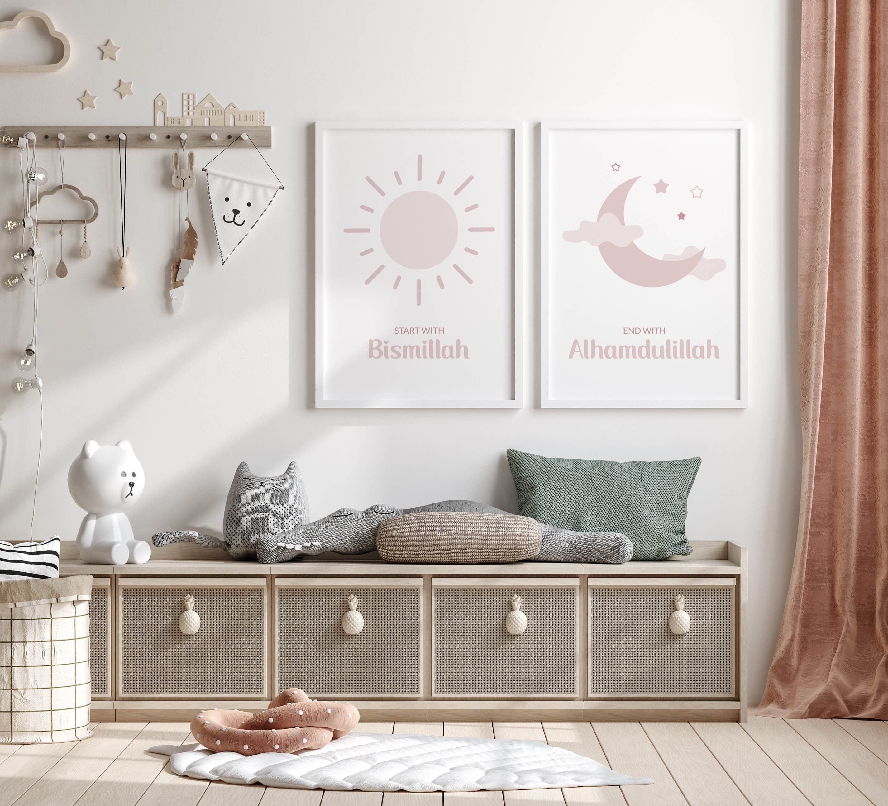 Set of 3 Islamic Wall Art Prints for Kids, 3 Piece Muslim Nursery Posters, Islamic Gifts for Girl, Pink Morning Evening Dua Triptych Art - image 5