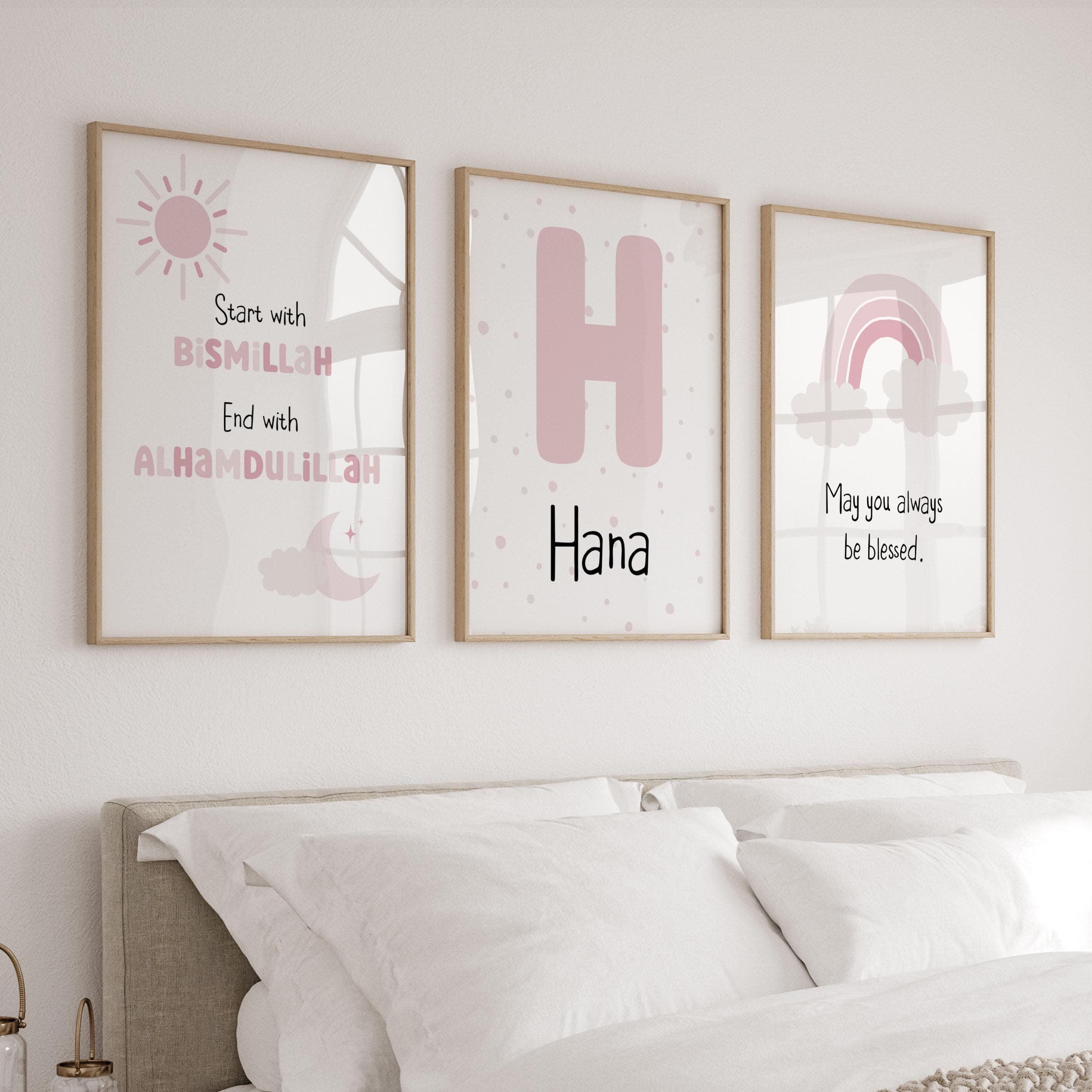 Islamic Wall Art Posters for Children, Personalised Eid Gifts for Kids, Muslim Nursery Decor in Pink, Custom Name Sign for Baby Girl - image 3