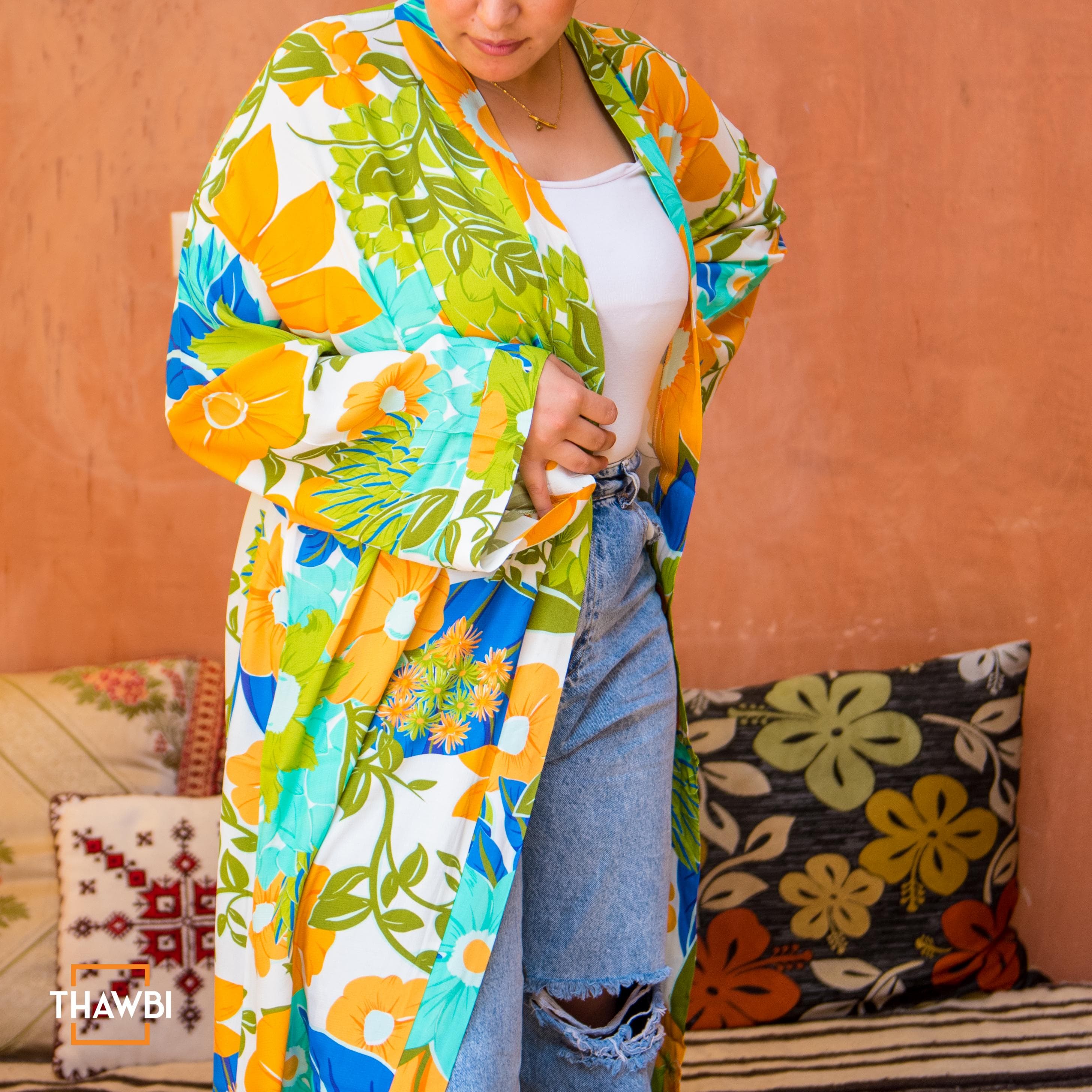 Long kimono Dress with Floral Patterns - Bohemian Kimono Robe - Handmade Dresses For Women
