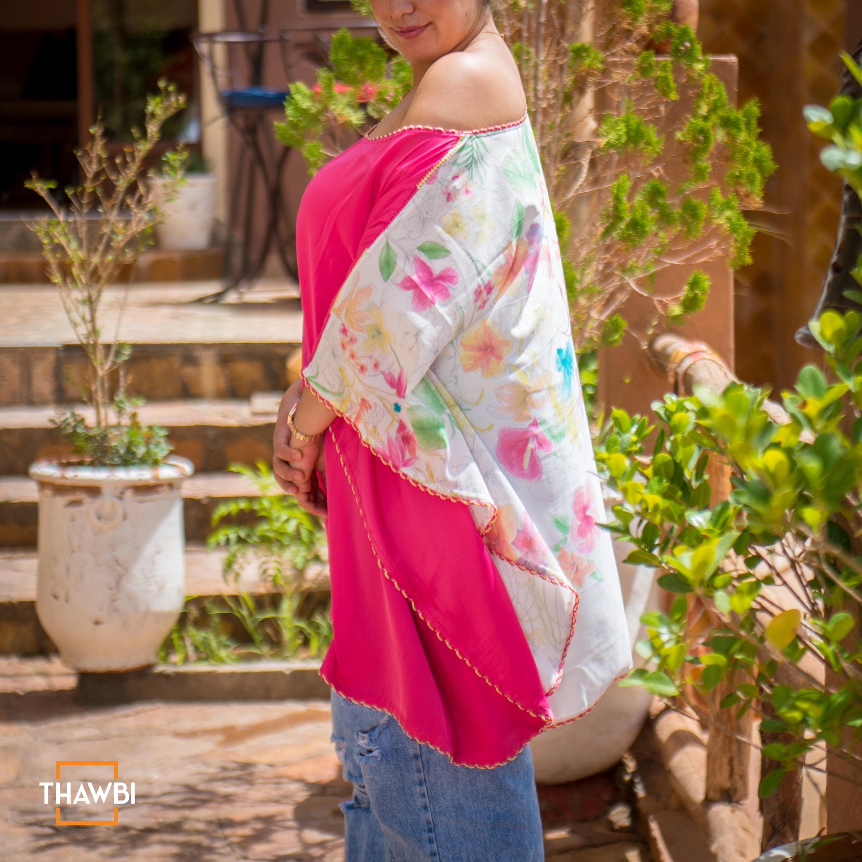 Bohemian Pink Asymmetrical Poncho Top with Floral Print – Off-Shoulder Neckline Tunic