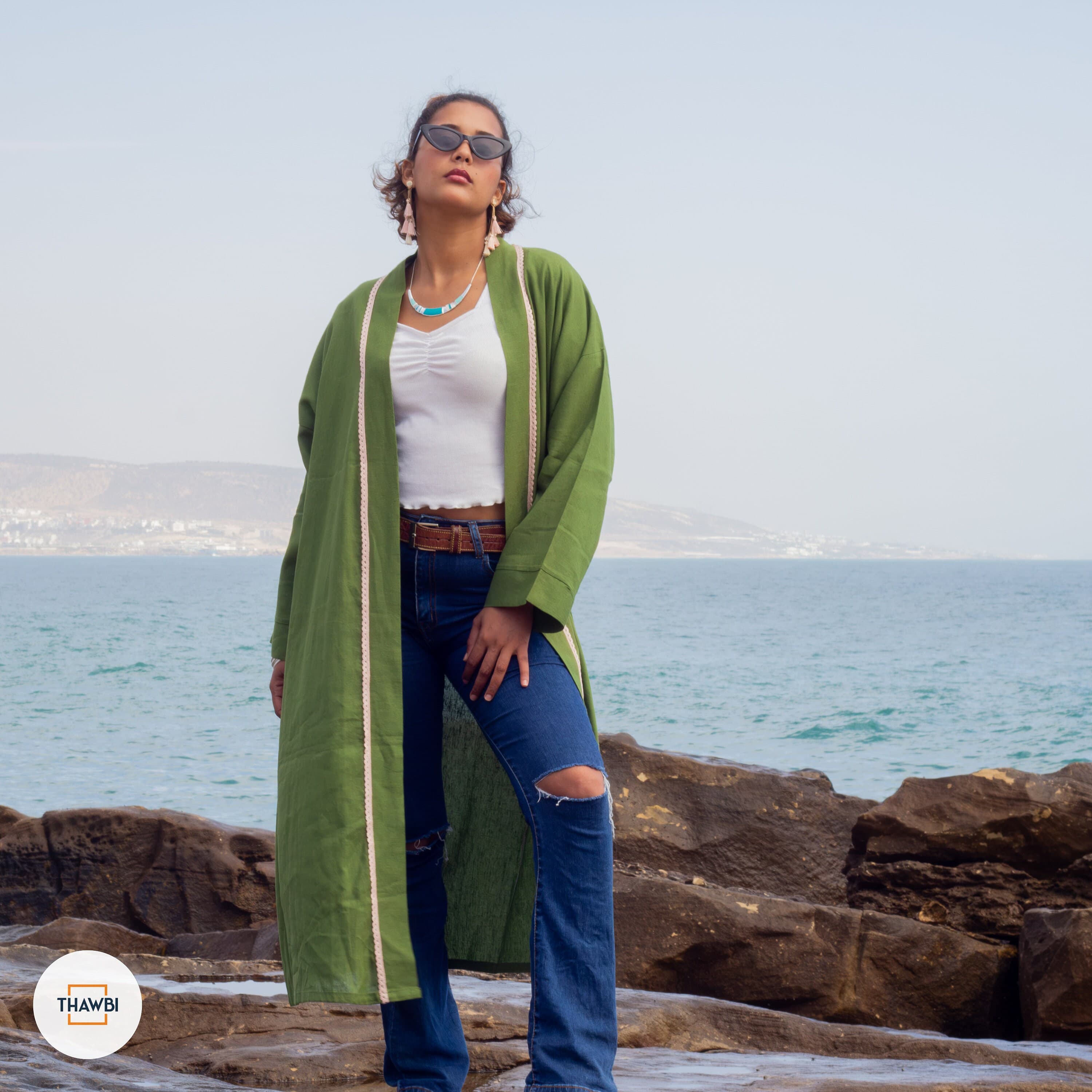 Green Linen Kimono Dress: Handmade Moroccan Crochet Trim