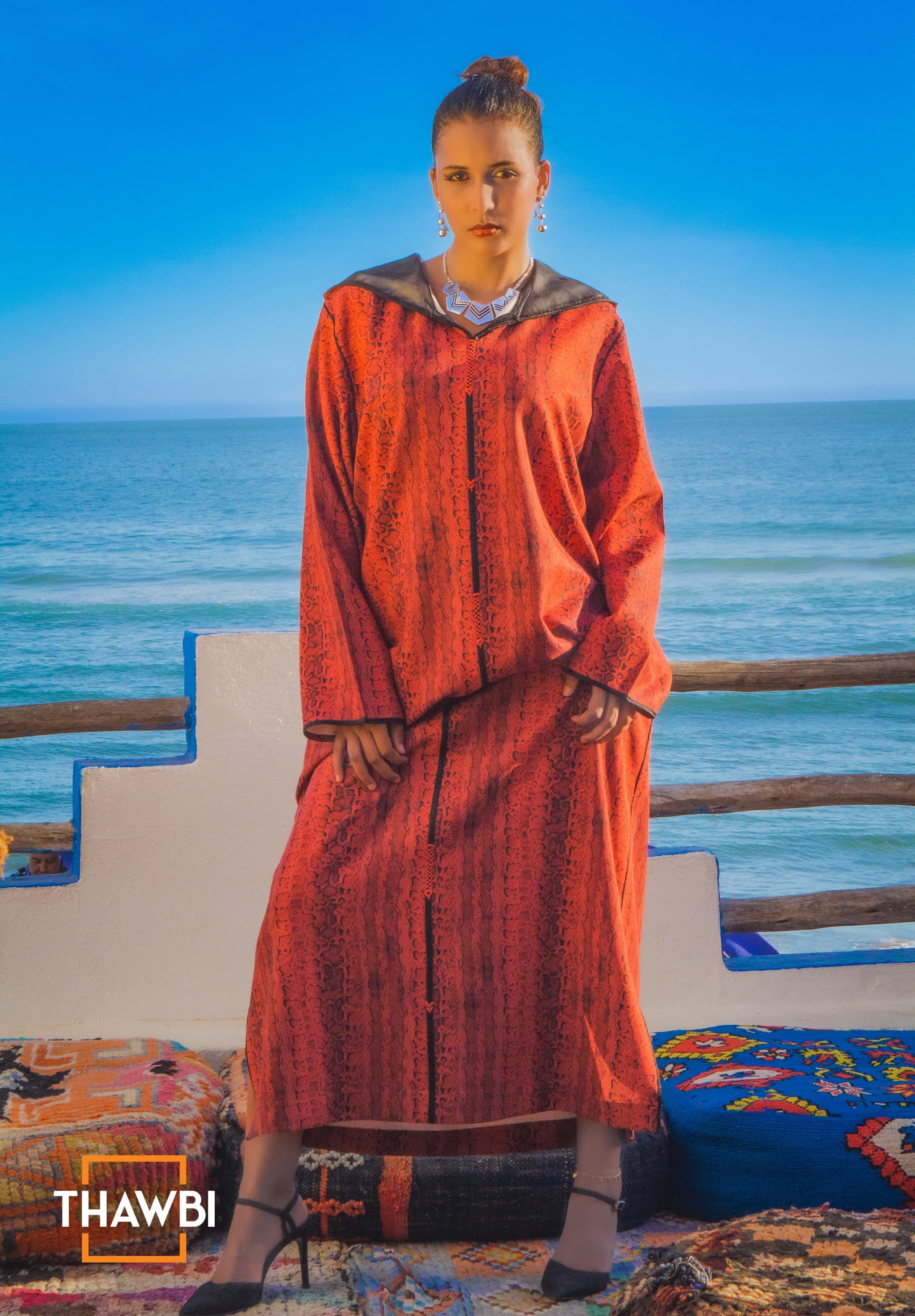 Handmade Moroccan Jellaba: Red Snake Print Caftan