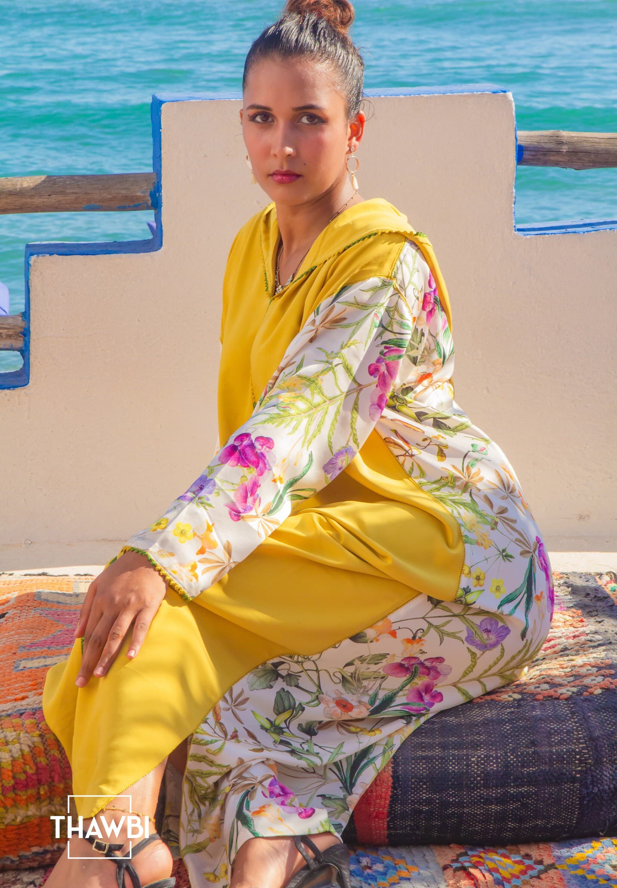 Handmade Moroccan Djellaba Robe: Floral Bohemian Slit Dress